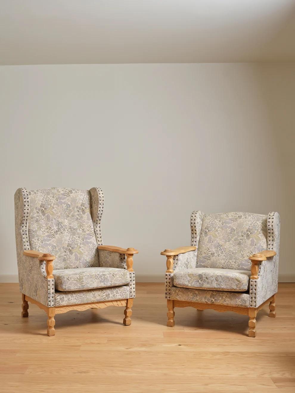 Danish Set of 2 Henning Kjaernulf Oak Easy Chairs, Circa 1970s