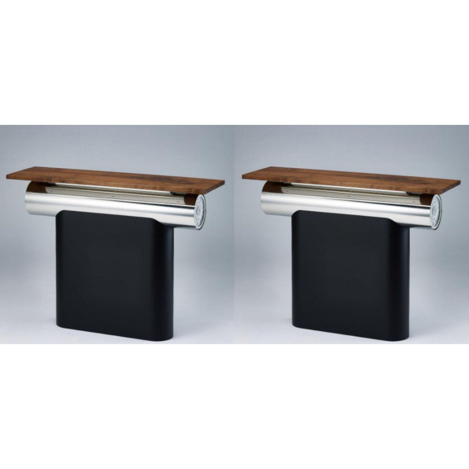 Set of 2 Heritage Gwol Console Tables by Lee Jung Hoon
Dimensions: D98 x W28 x H76 cm 
Materials: Walnut, Granite, Stainless steel, Steel.

The Heritage series, created by designer Lee Jung-hoon is a collection of sculptural modern furniture.