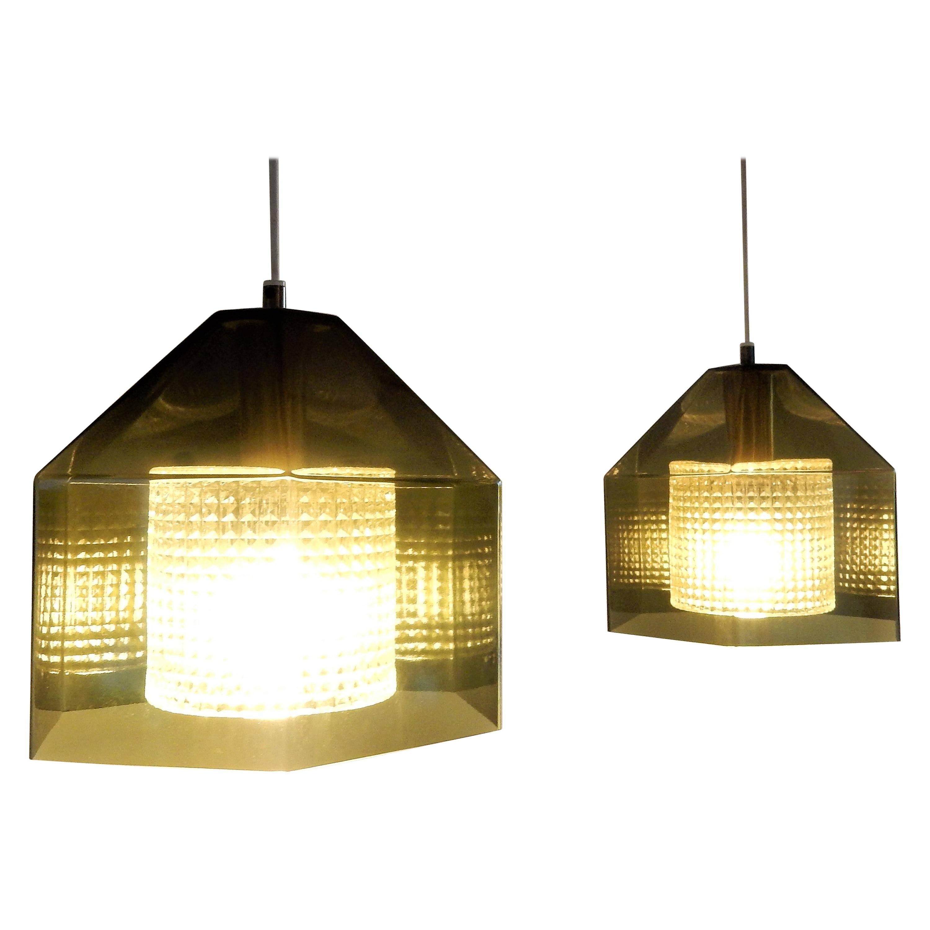 Set of 2 Hexagon Pendant Lamps by Carl Fagerlund for Orrefors, Sweden, 1960s