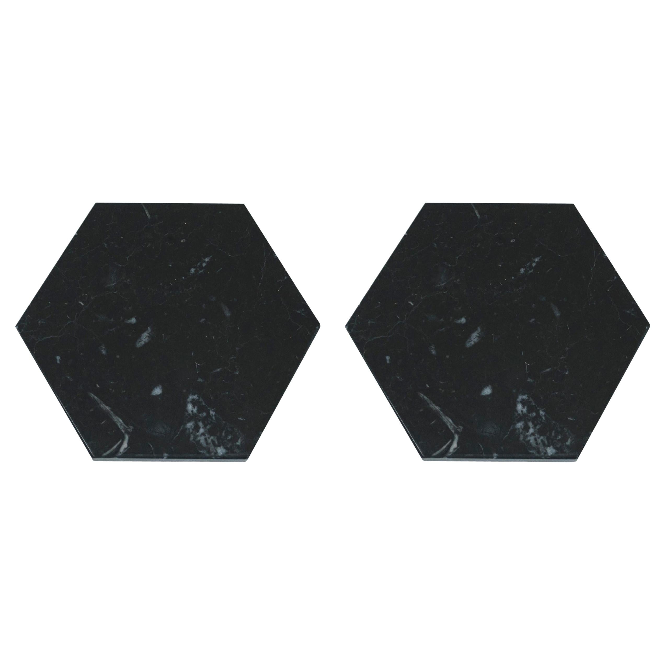Handmade Set of 2 Hexagonal Black Marquina Marble Coasters For Sale