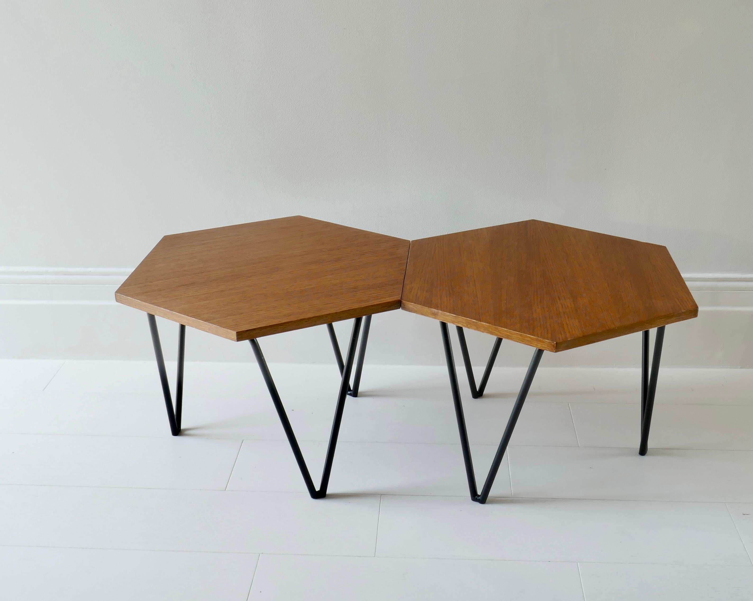 Gio Ponti Set of 2 hexagonal coffee tables by ISA Bergamo, 1950s Italy. 
Stunning pair of hexagonal coffee tables produced by Isa Bergamo for Gio Ponti''s production in the 1950s. Original label.
The pair of small tables has a very elegant and