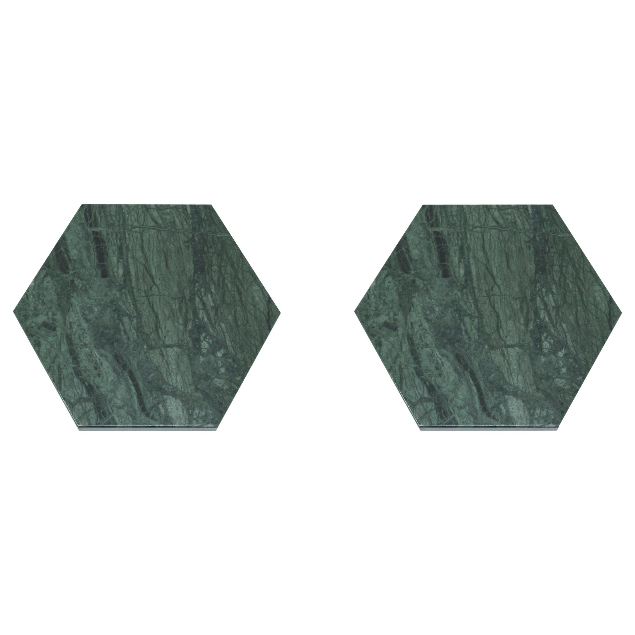 Handmade Set of 2 Hexagonal Green Guatemala Marble Coasters For Sale