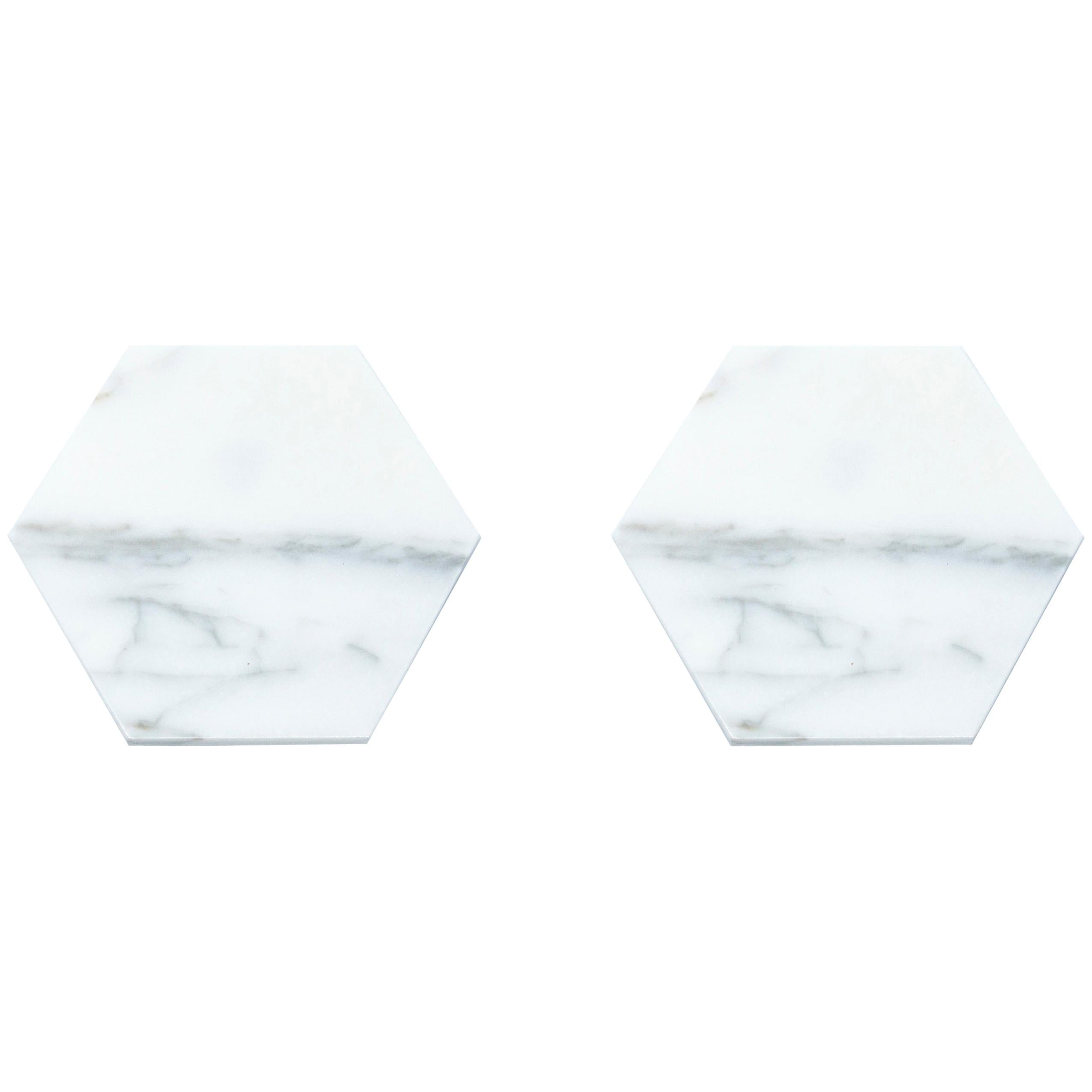 Handmade Set of 2 Hexagonal White Carrara Marble Coasters