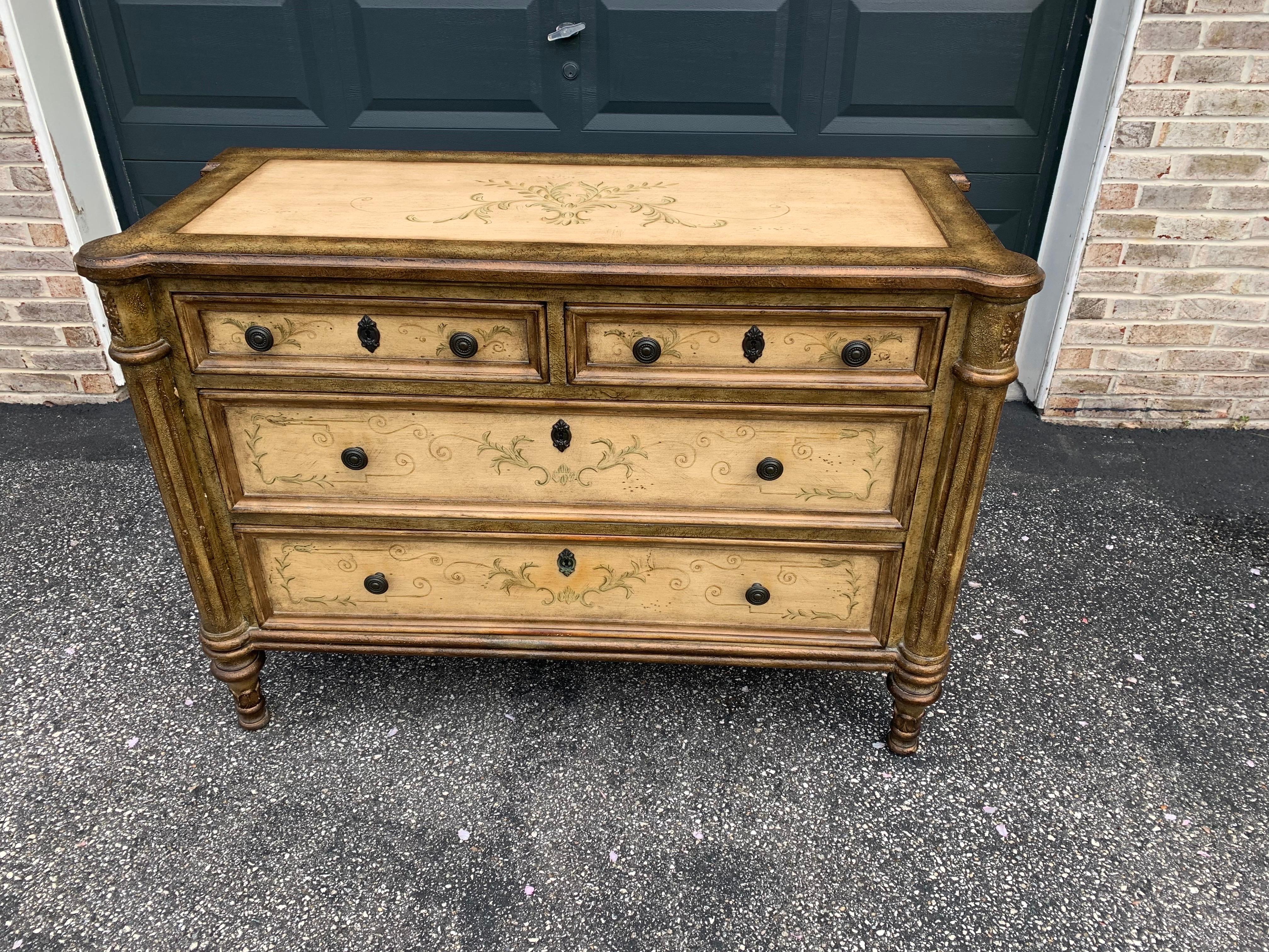 Set of 2 gorgeous painted dressers. There are two smaller drawers that sit above two larger drawers. Gold accents throughout. These are even more stunning in person! Can be used as dressers, larger nightstands, accent tables, foyer tables- they are