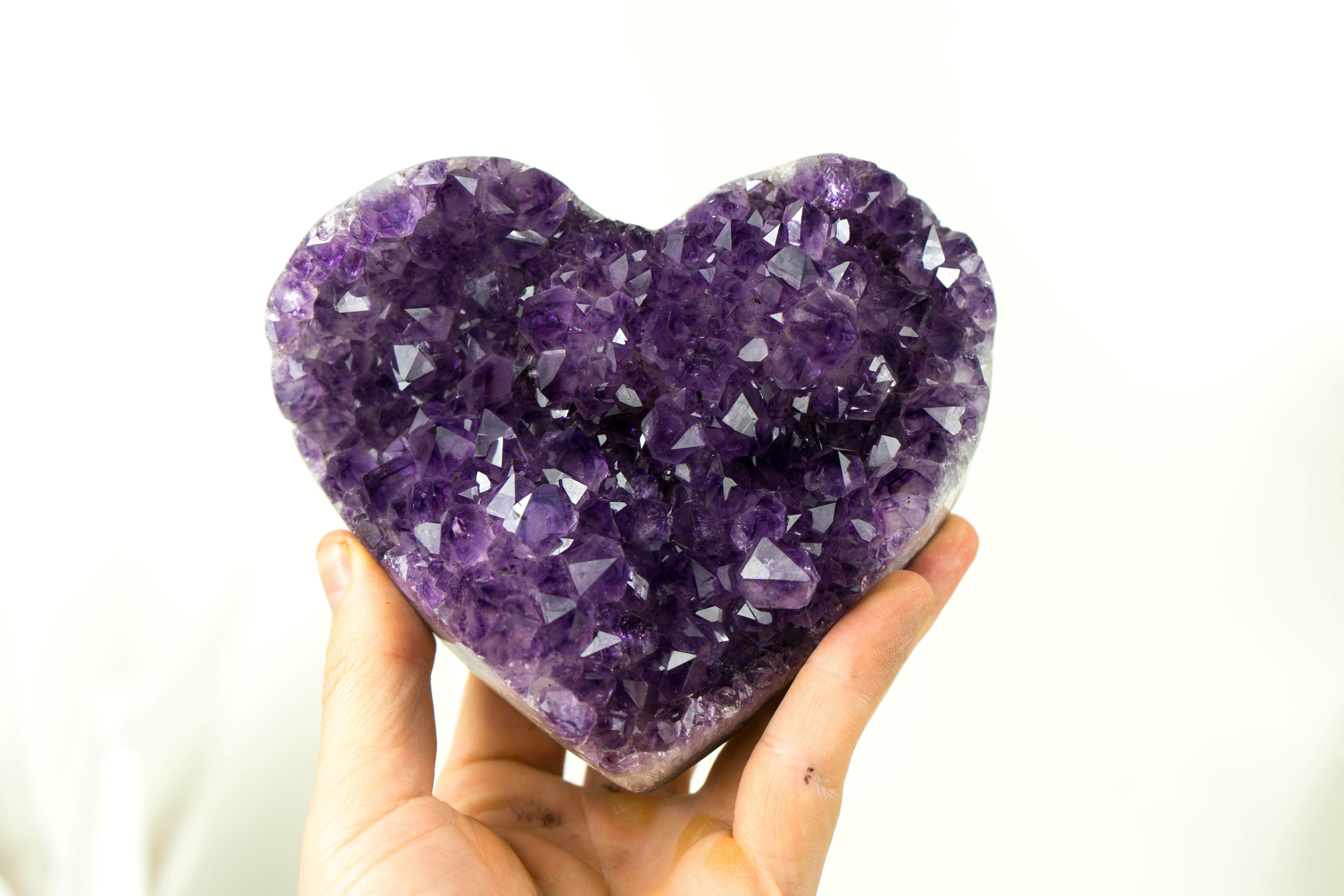 Contemporary Set of 2 High-Grade All-Natural Deep Purple Amethyst Hearts, Table Decor For Sale