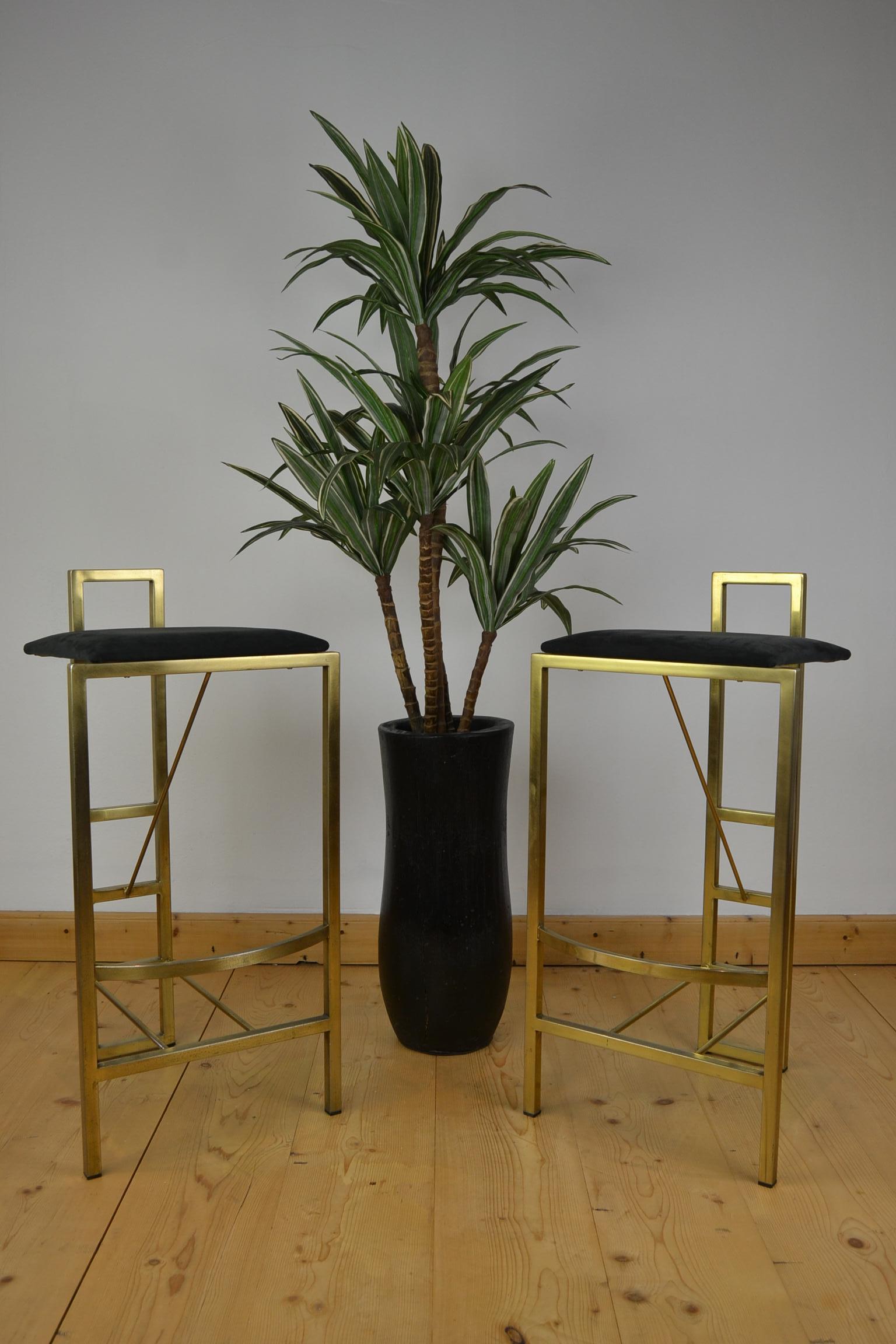 Great Pair of Hollywood Regency Bar Stools by Belgochrom from the 1970s. 
This Memphis Style Bar Stools have Gild Frame with Black Alcantara Seating. 
These Stylish and Elegant Bar Chairs with Stunning and Timeless Design and High End Finish are