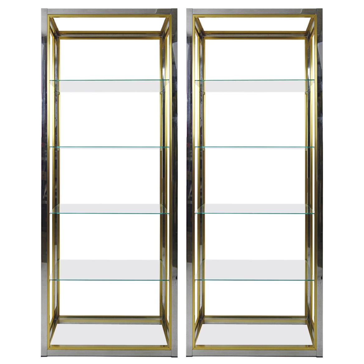 Set of 2 Hollywood Regency Étagères in Brass and Smoked Glass by Renato Zevi