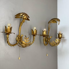 set of 2 Hollywood Regency Golden Florentiner TIKI Style Wall Lights, Italy 1970