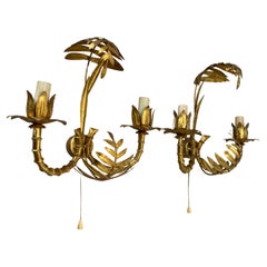 Vintage set of 2 Hollywood Regency Golden Florentiner TIKI Style Wall Lights, Italy 1970