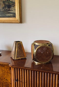 Ensemble de 2 lampes Hollywood regency en laiton et paille de Vienne, Italie 60's / 70's