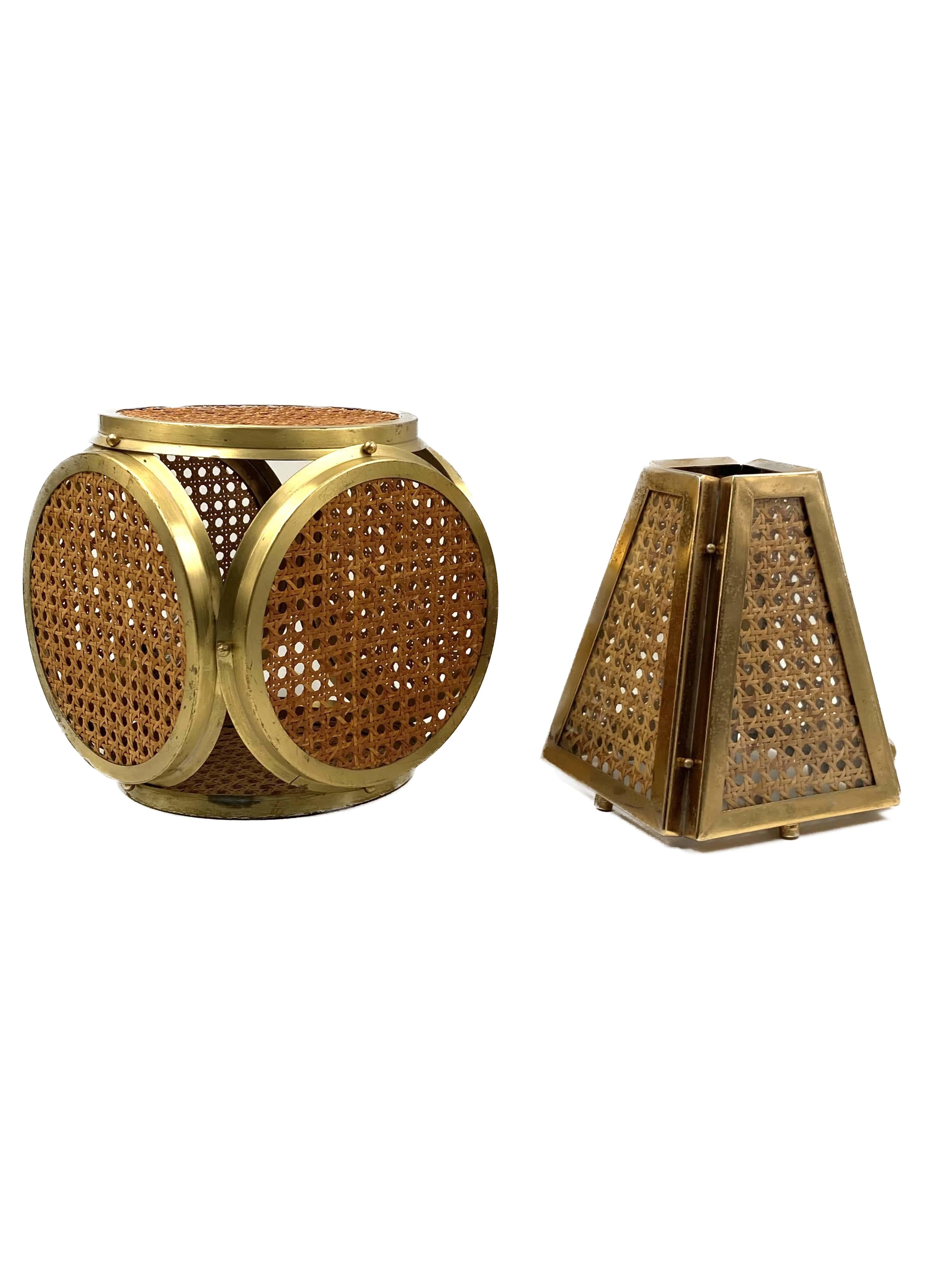 Set of 2 Hollywood regency lamps in brass and Vienna straw, Italy 60's / 70's For Sale 1