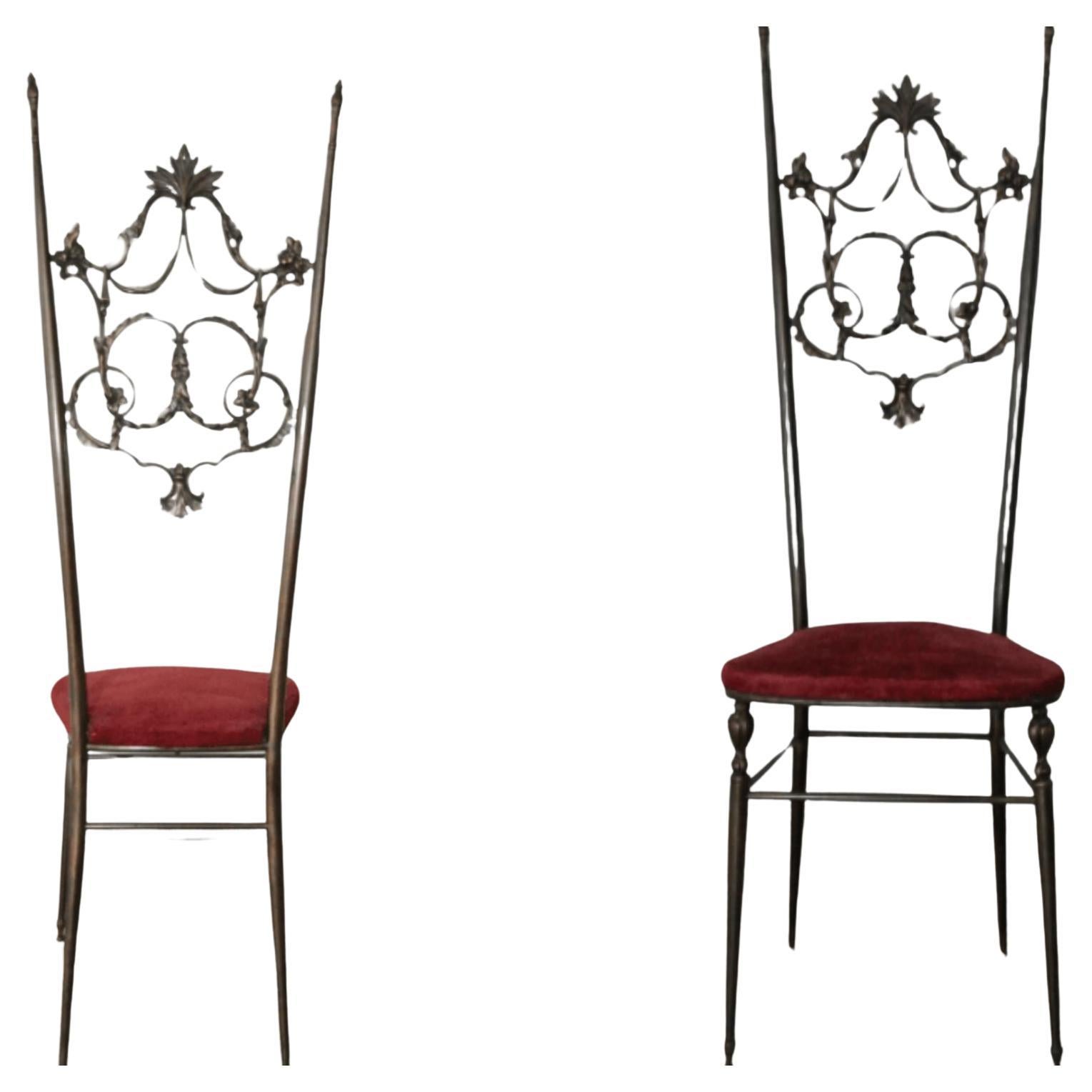 Ensemble de 2 chaises Chiavarine de style Hollywood Regency en laiton et velours