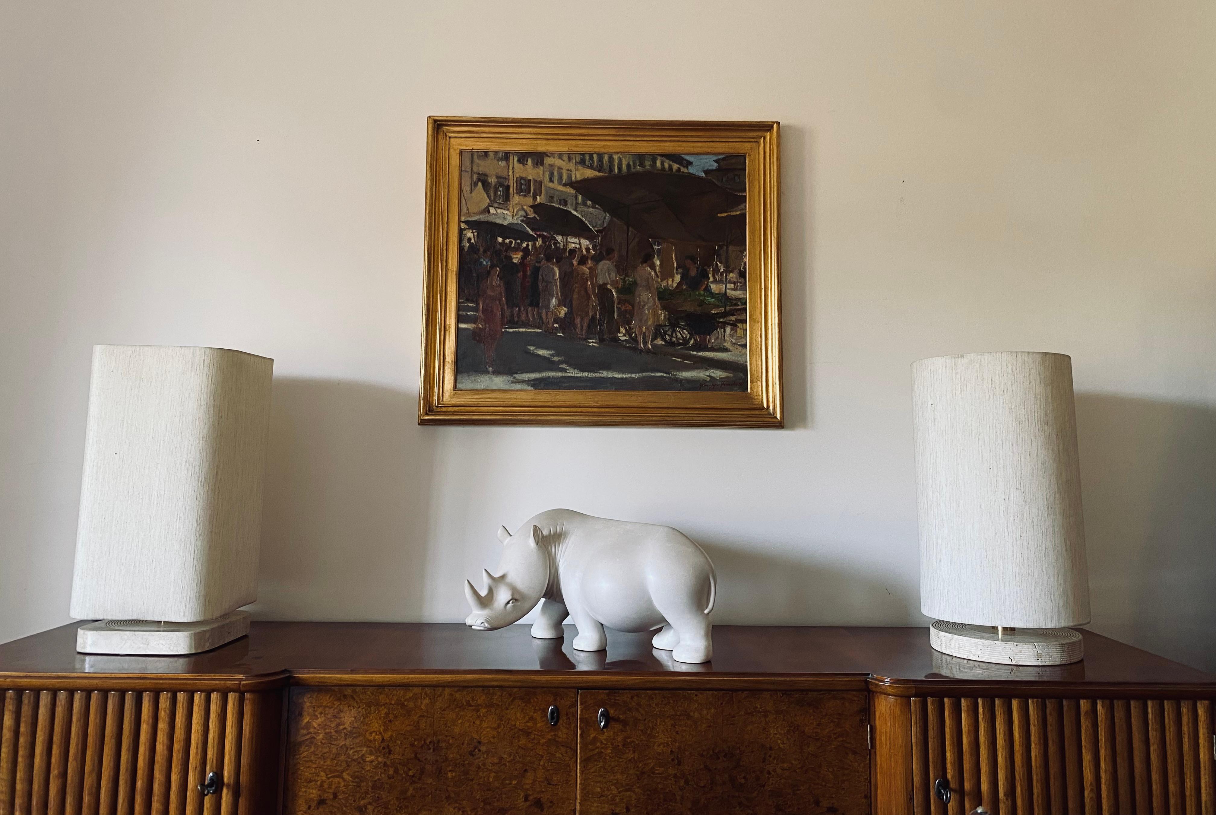 Late 20th Century Set of 2 Hollywood regency Travertine table lamp base, Italy 1970s For Sale