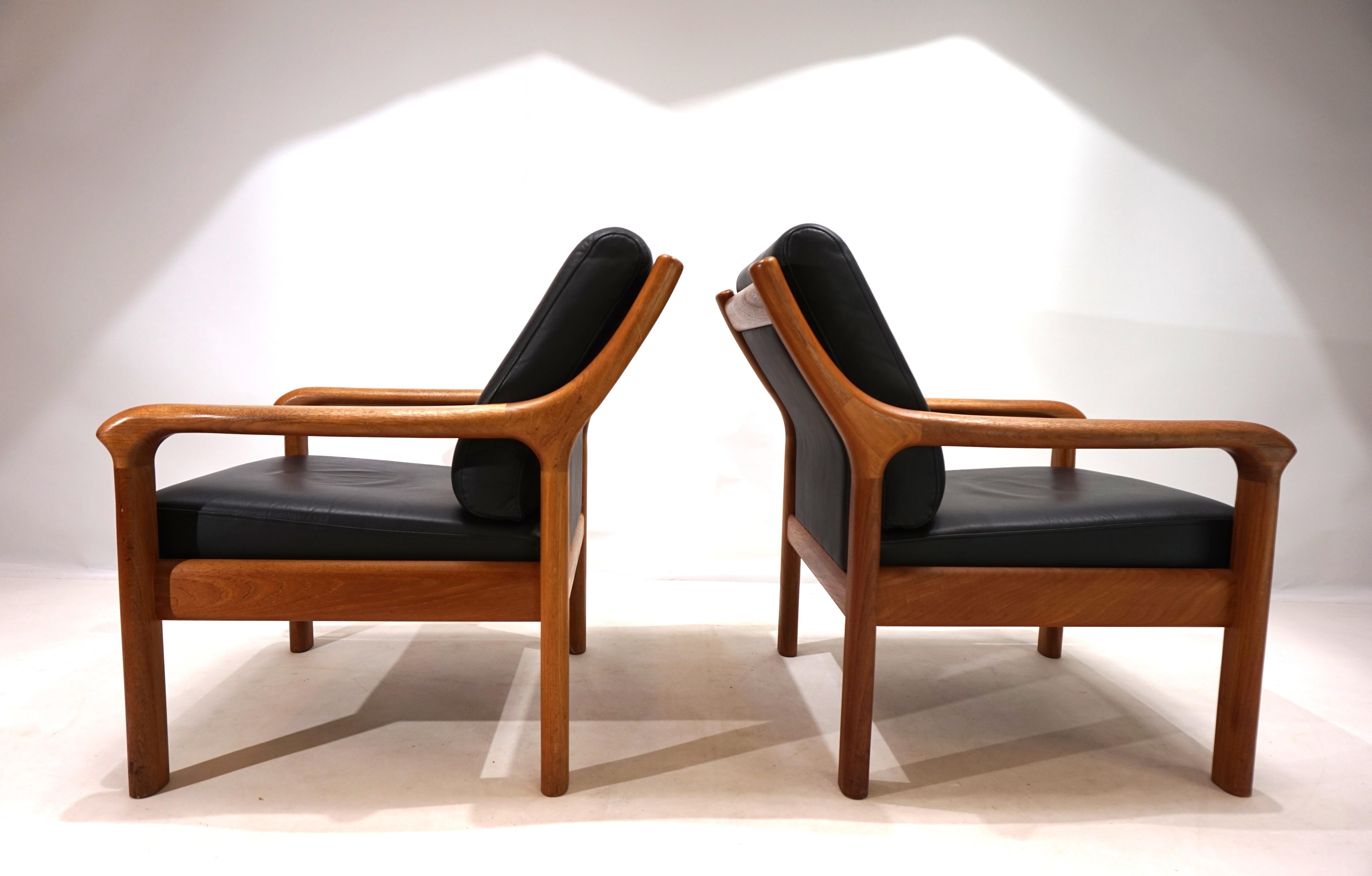 Leather Set of 2 Holstebro teak leather armchairs, 1960