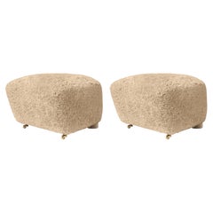 Set of 2 Honey Natural Oak Sheepskin the Tired Man Footstools by Lassen