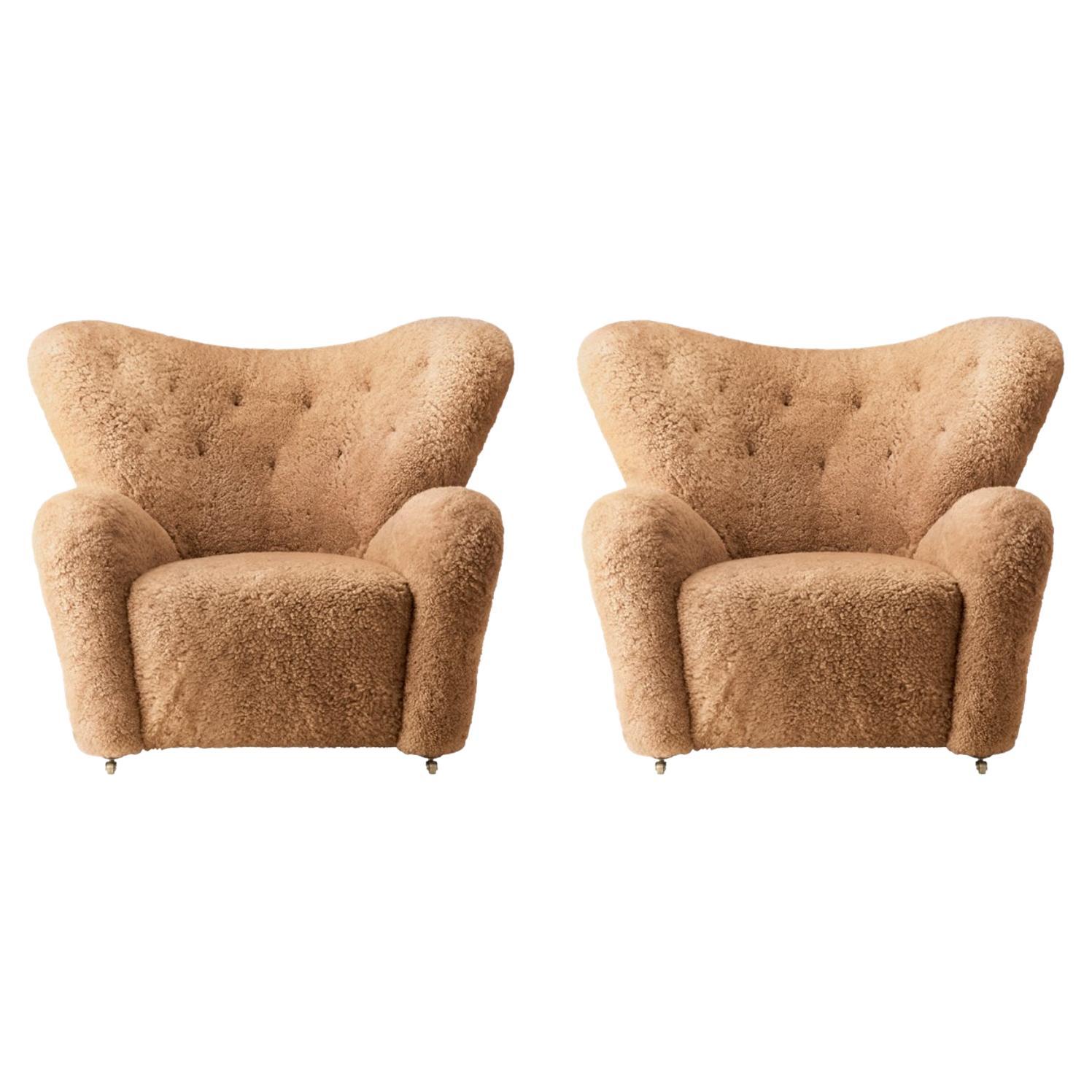 Set of 2 Honey Sheepskin the Tired Man Lounge Chair by Lassen For Sale