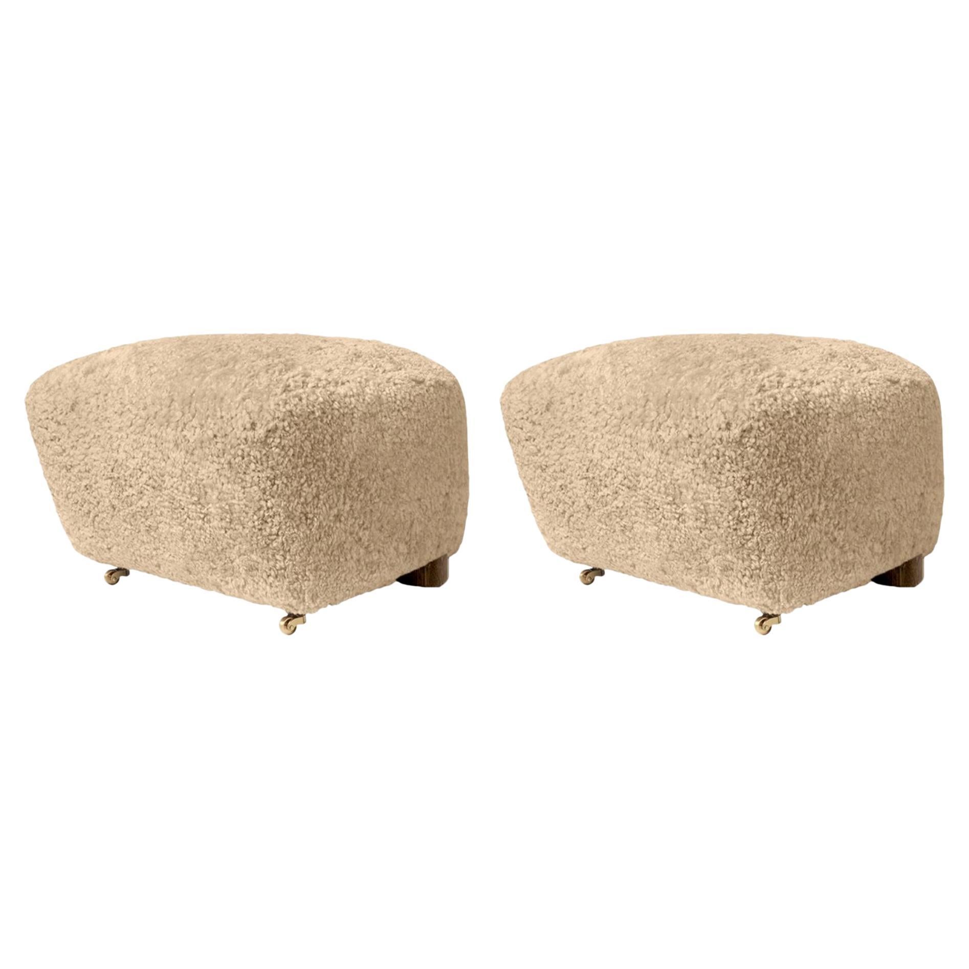 Set of 2 Honey Smoked Oak Sheepskin the Tired Man Footstools by Lassen For Sale