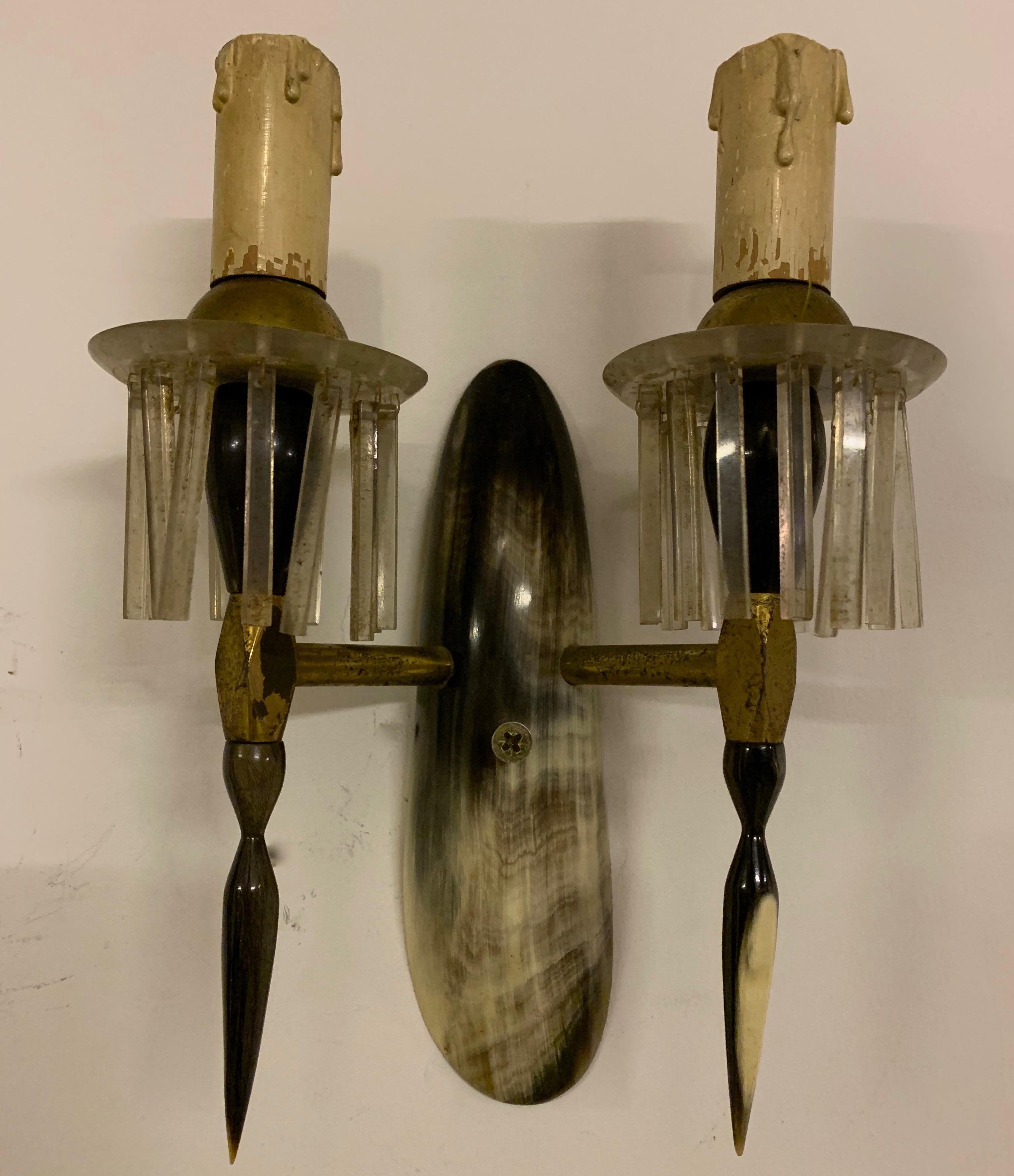 French Set of 2 Horn and Acrylic Wall Lamps from France / 1950 For Sale