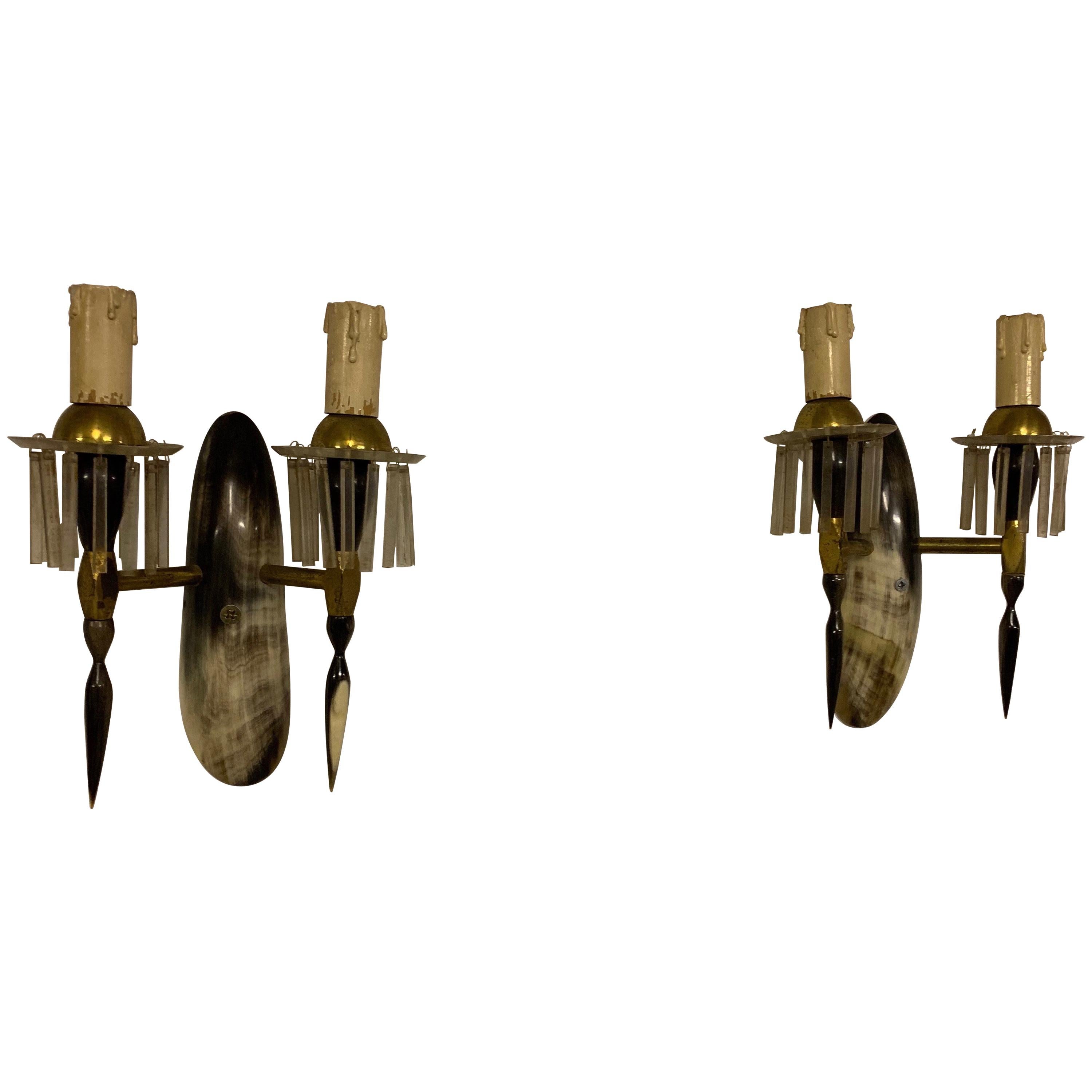 Set of 2 Horn and Acrylic Wall Lamps from France / 1950 For Sale