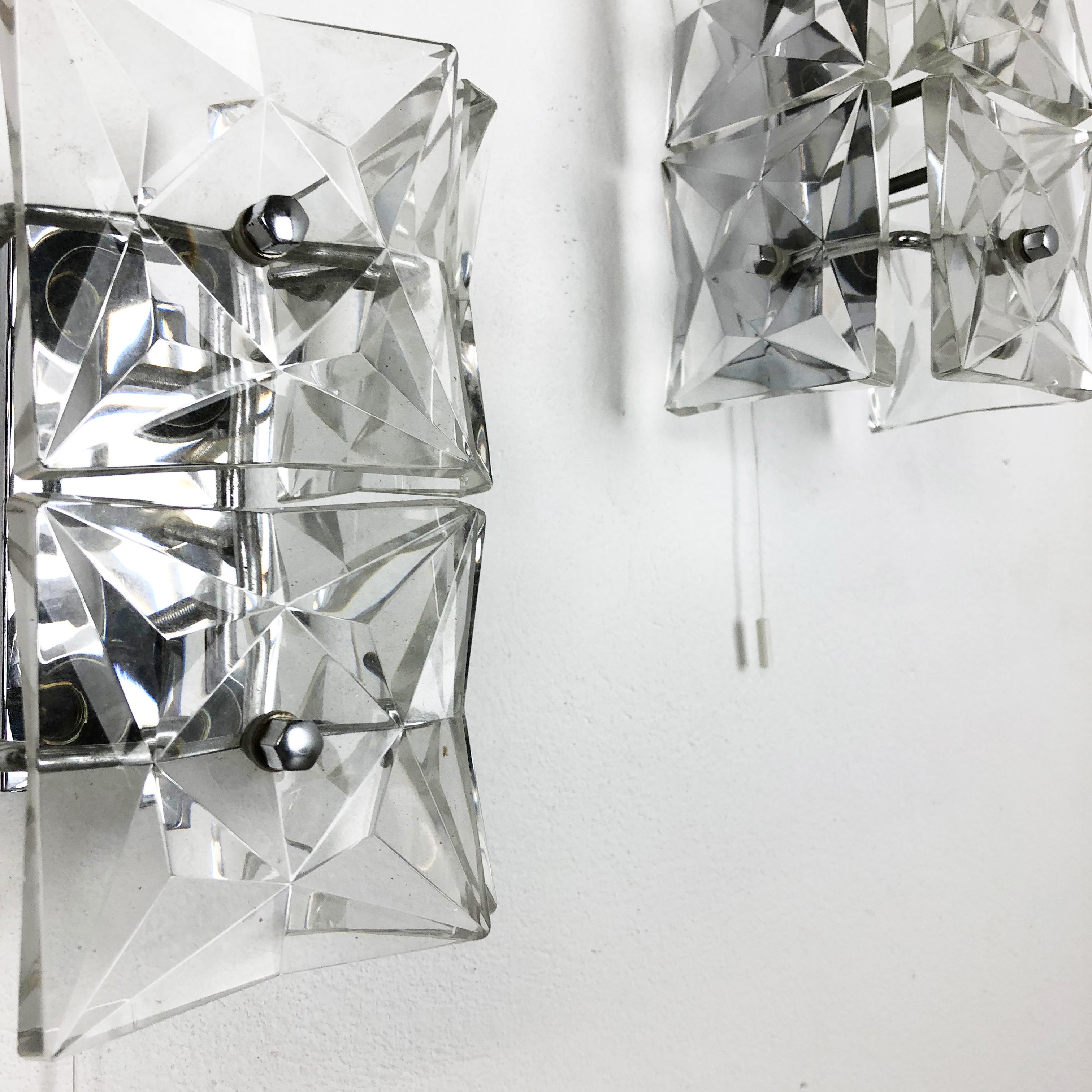 Metal Set of 2 Huge Prismatic Crystal Glass Wall Light Sconces by Kinkeldey, Germany