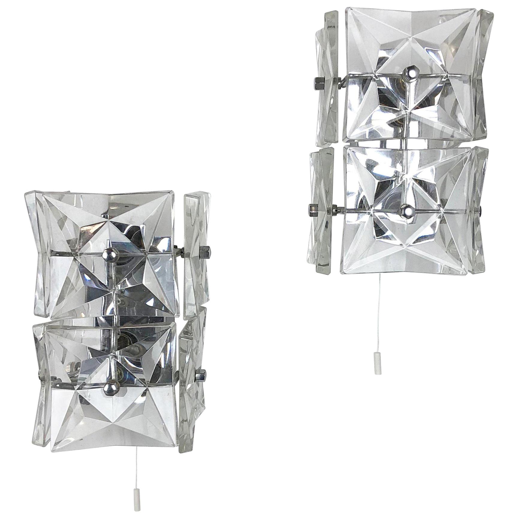 Set of 2 Huge Prismatic Crystal Glass Wall Light Sconces by Kinkeldey, Germany