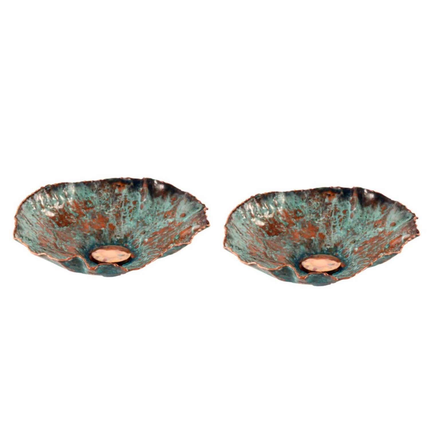 Set of 2 Hypomea copper bowls by Samuel Costantini.
Dimensions: D 25 x H 8 cm.
Materials: copper.

Copper bowl worked en-rely by hand.
The oxydation of copper is realized only with natural product.
Limited editon of 9 numerated