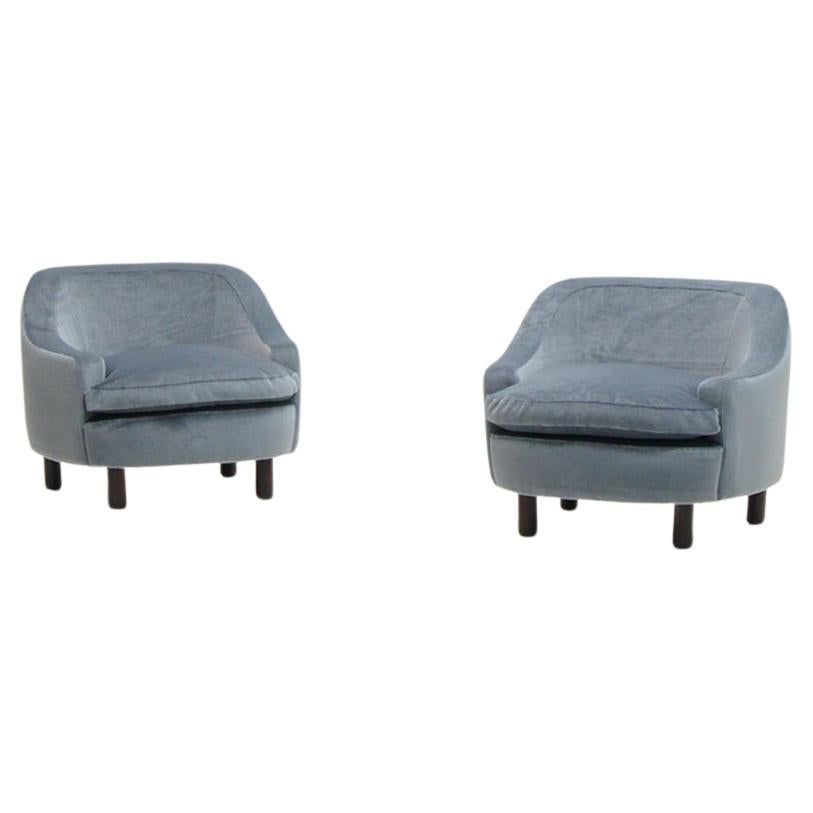 Set of 2 ice blue Mohair lounge chairs, 1950s Italy.