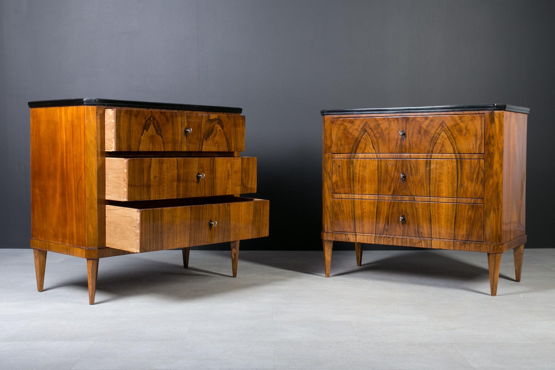 Set of 2 Identical Biedermeier Chests of Drawers, Germany, 19th Century, Walnut For Sale 4