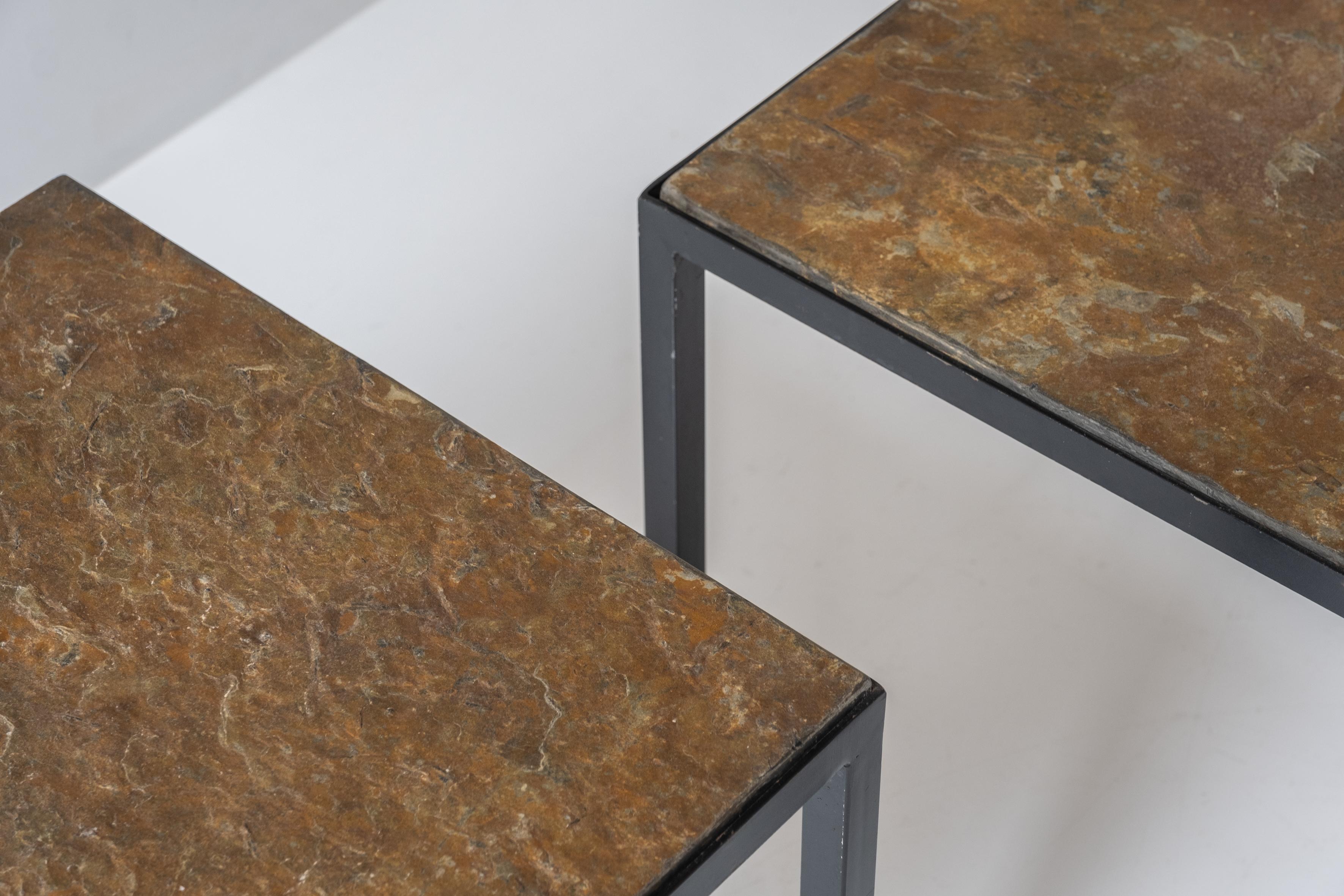 Set of 2 identical square slate stone coffee table from the 1950’s. For Sale 3