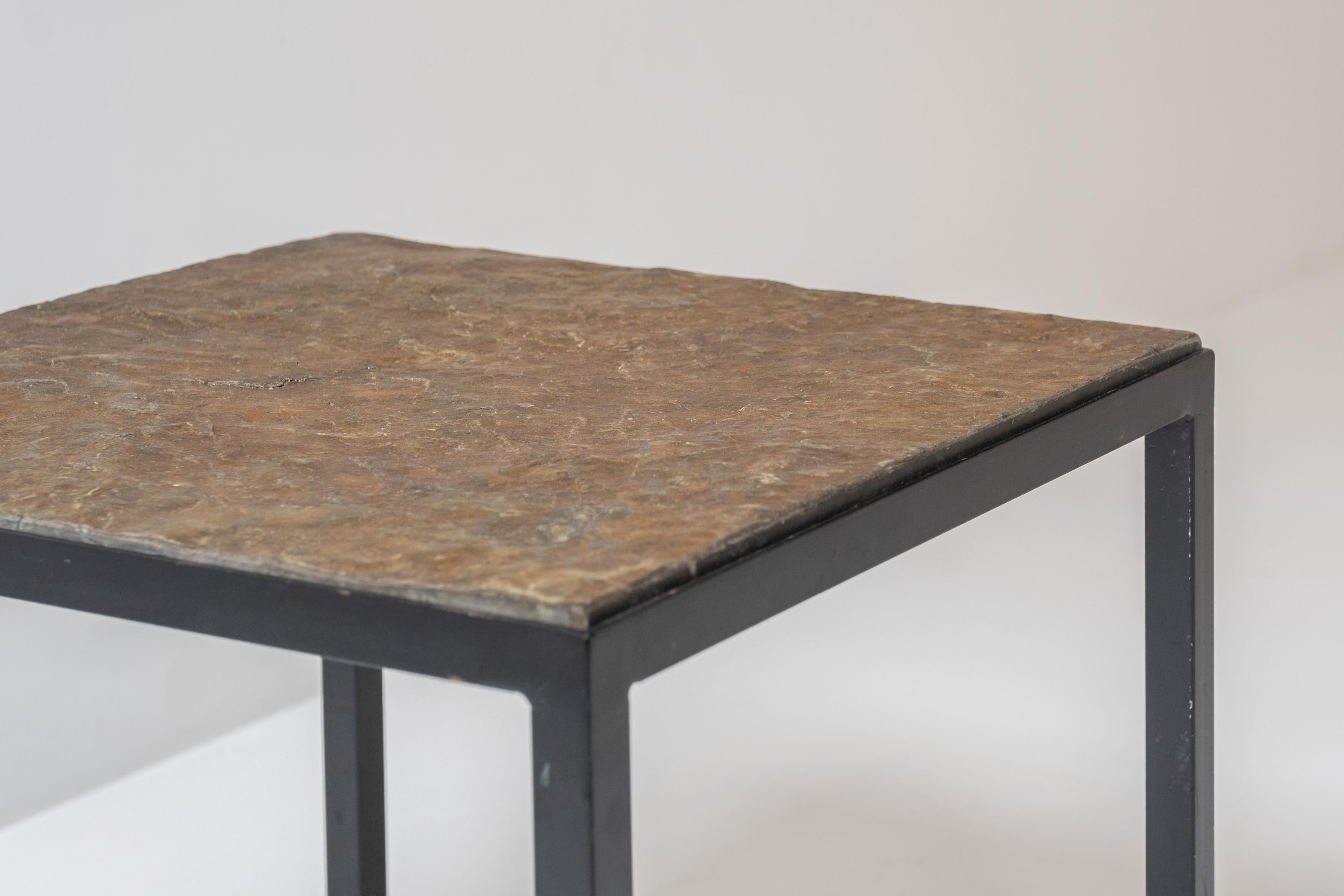 Steel Set of 2 identical square slate stone coffee table from the 1950’s. For Sale