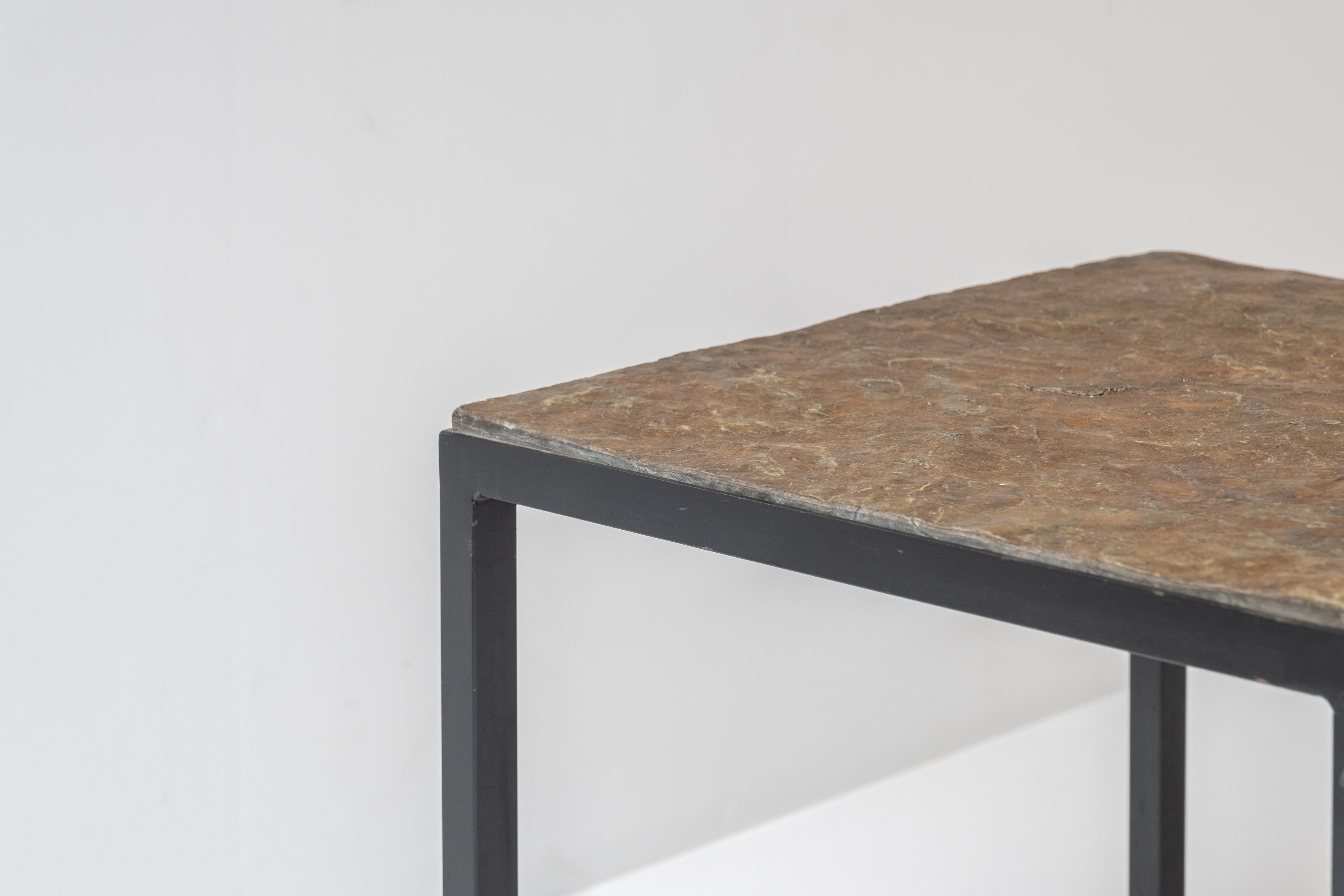 Steel Set of 2 identical square slate stone coffee table from the 1950’s. For Sale
