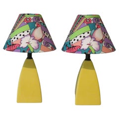 Set of 2 Identical Table Lamps in Yellow Ceramic with Colored Lampshade, 1980