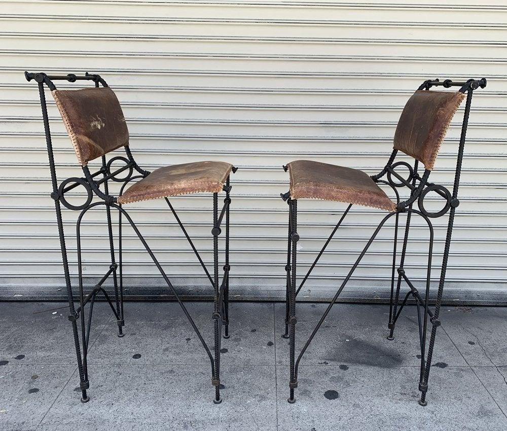 Set of 2 Iron and Leather Barstools by Ilana Goor 2