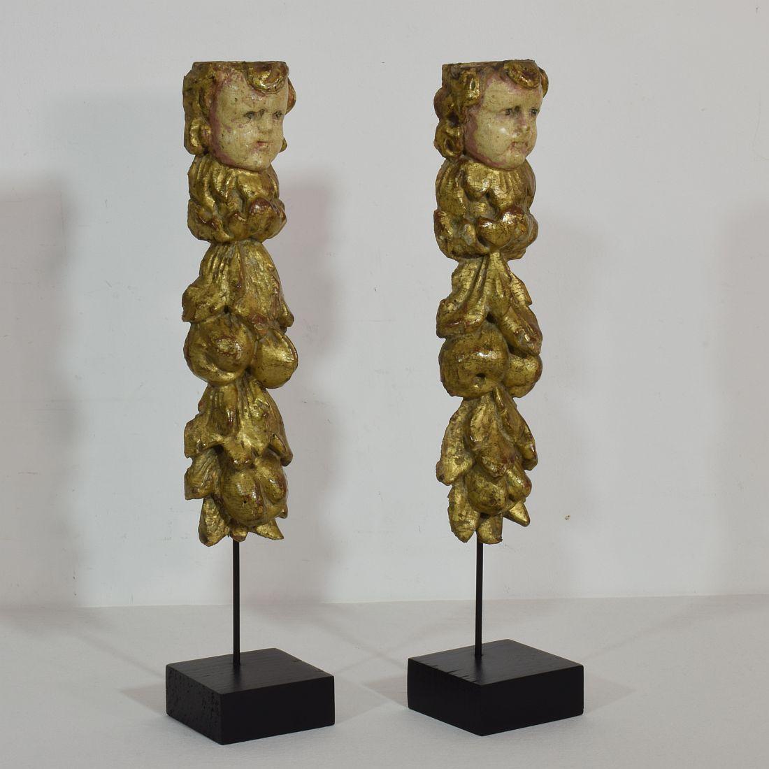 Hand-Carved Set of 2 Italian 18th Century Baroque Ornaments with Angel Heads