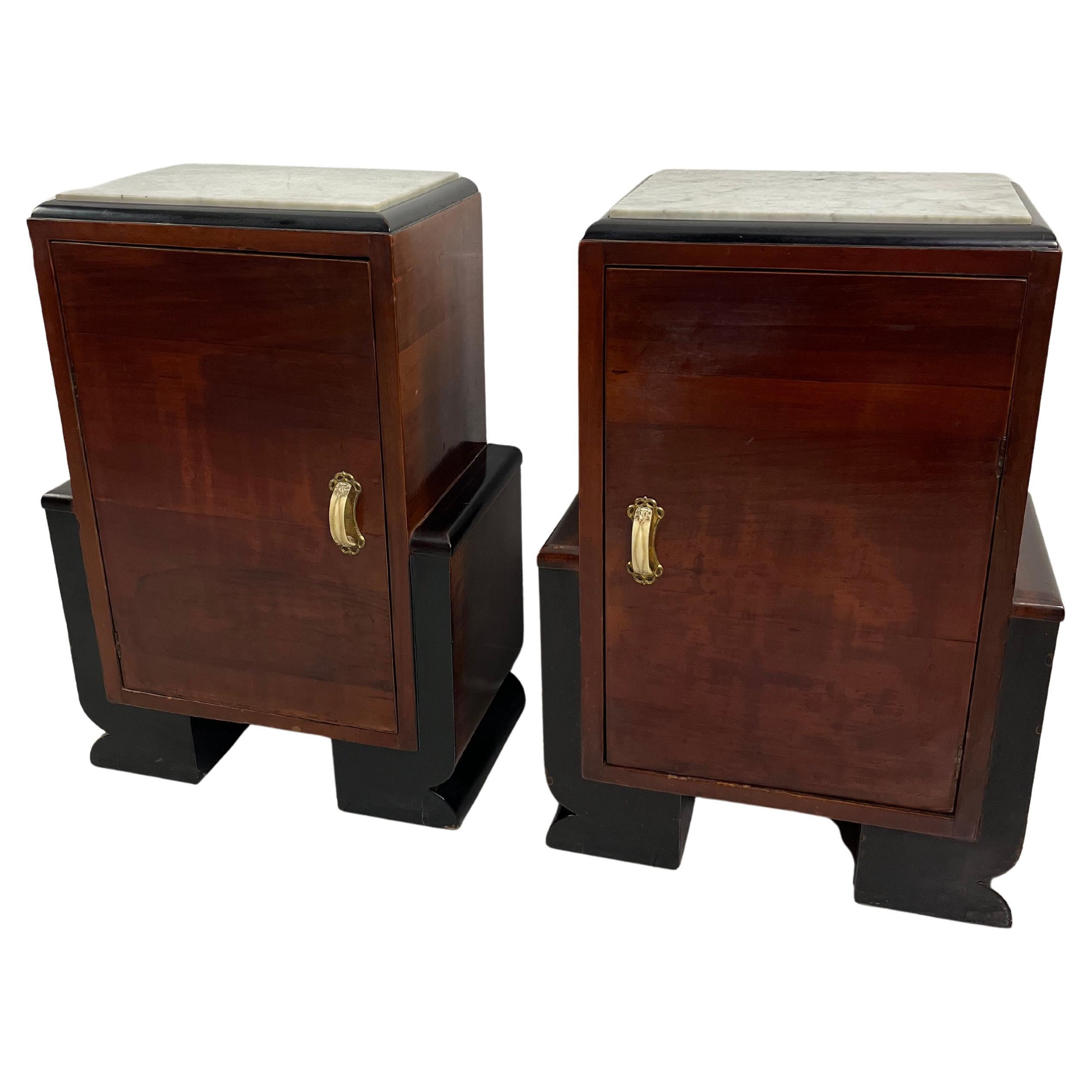 Set of 2 Italian Art Deco Bedside Tables With Marble Top, 1930s
