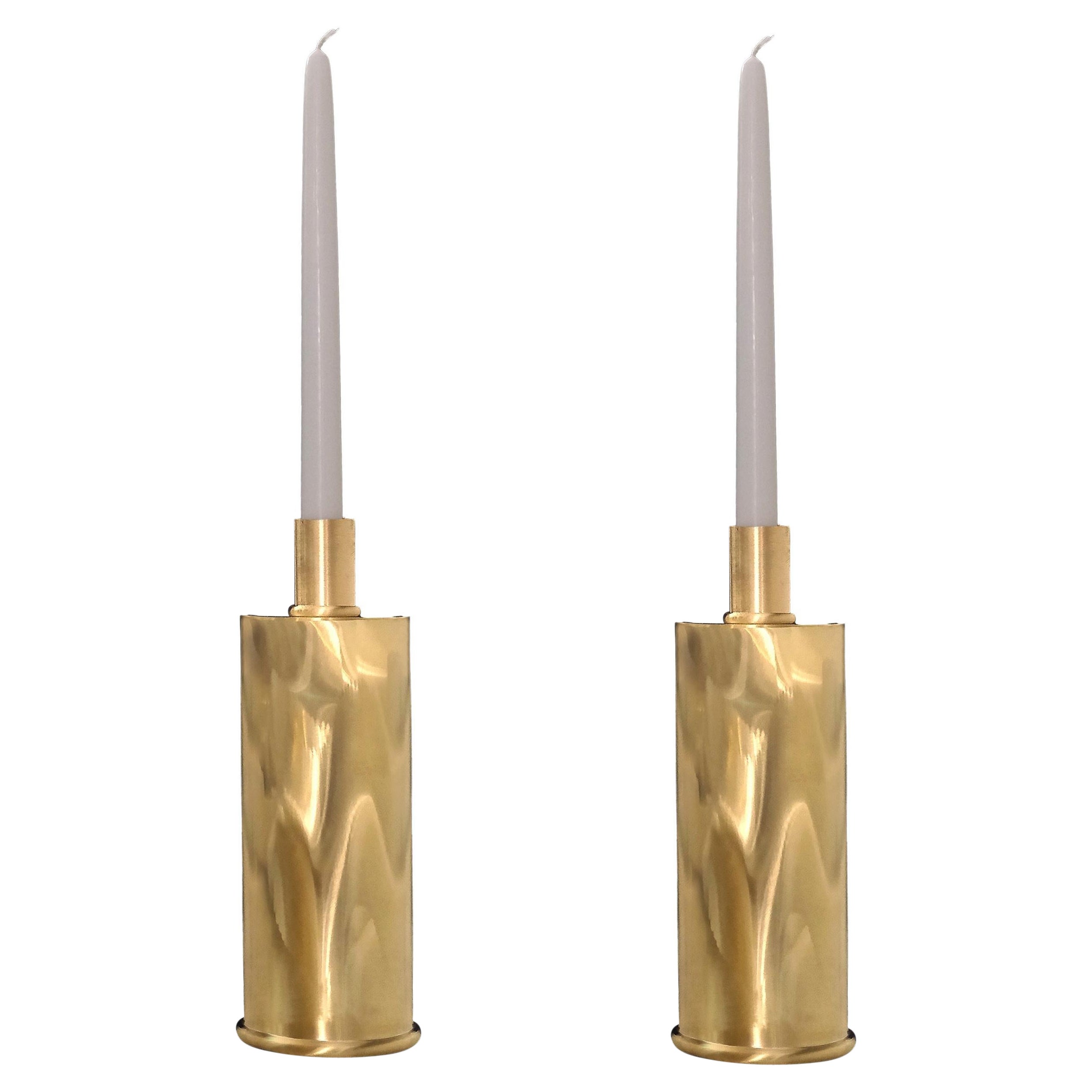 Set of 2 - Italian Art Deco Brass Candlesticks Moiré , Contemporary, in stock For Sale