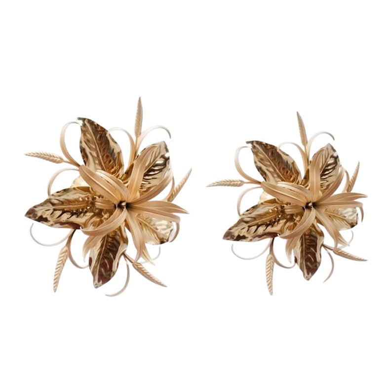 Ensemble de 2 appliques italiennes en métal laqué laiton Hans Kögl 'Wheat & Leaves', 1960s