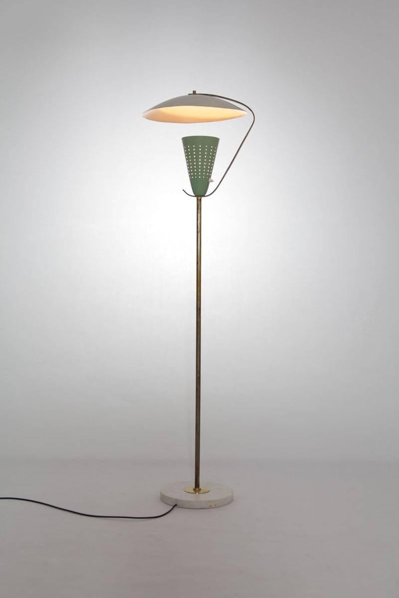 Floor Lamp, Italy, 1950s. The two lamps have different colour versions, black/white and grey/green with aluminium shades. They have the same brass frame and marble base.
 
  