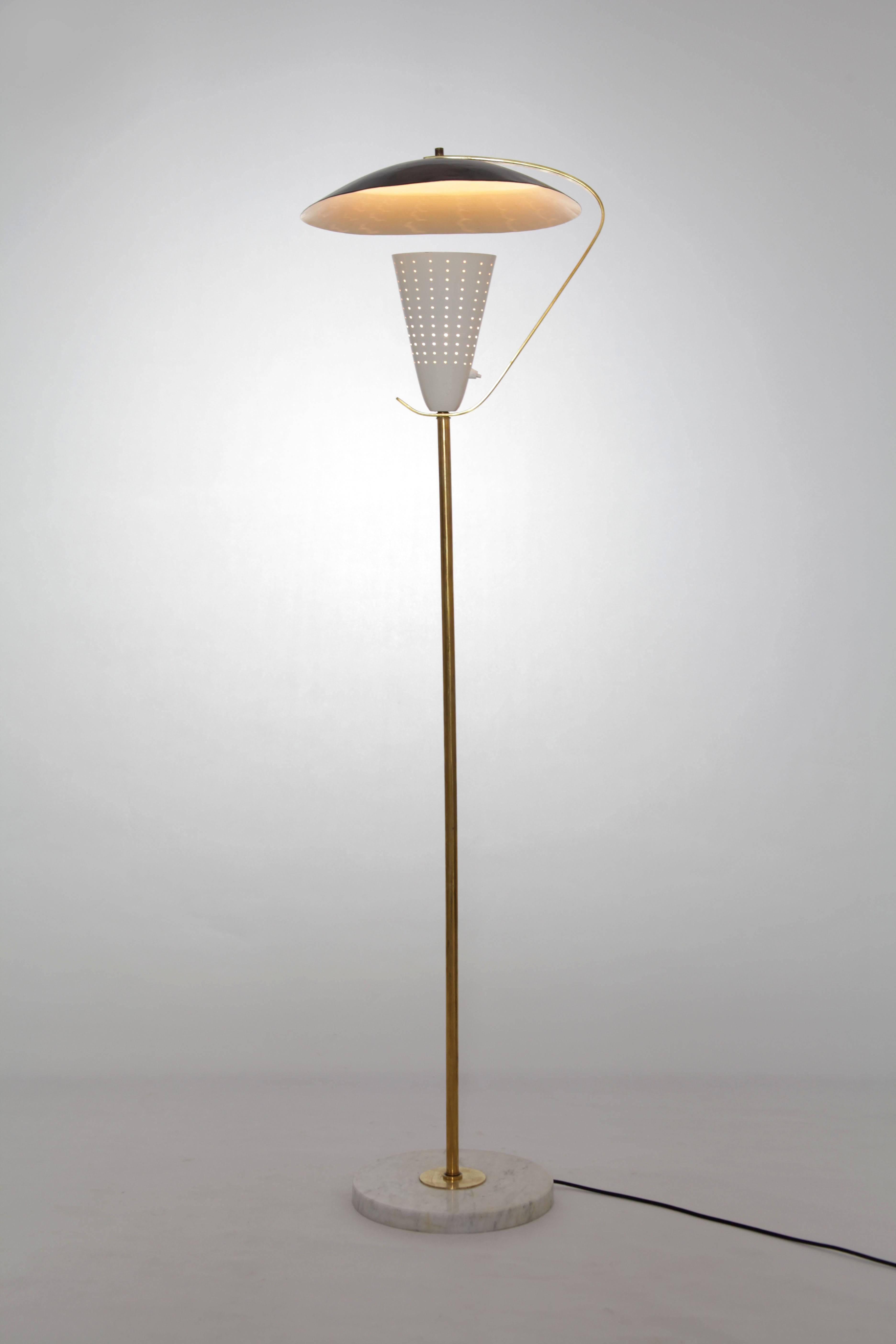 Mid-Century Modern Set of 2 Italian Brass, Marble and Aluminum Floor Lamps, 1950s