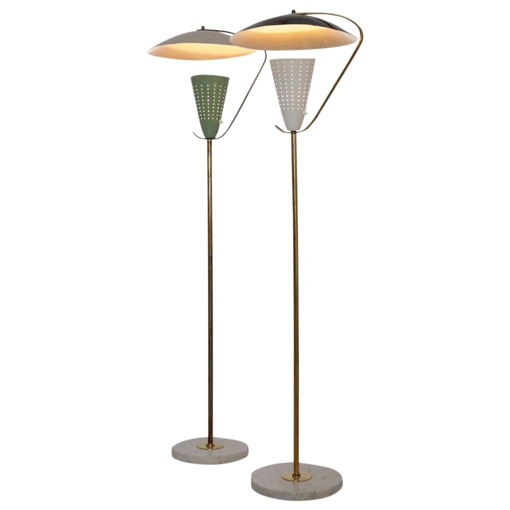 Set of 2 Italian Brass, Marble and Aluminum Floor Lamps, 1950s