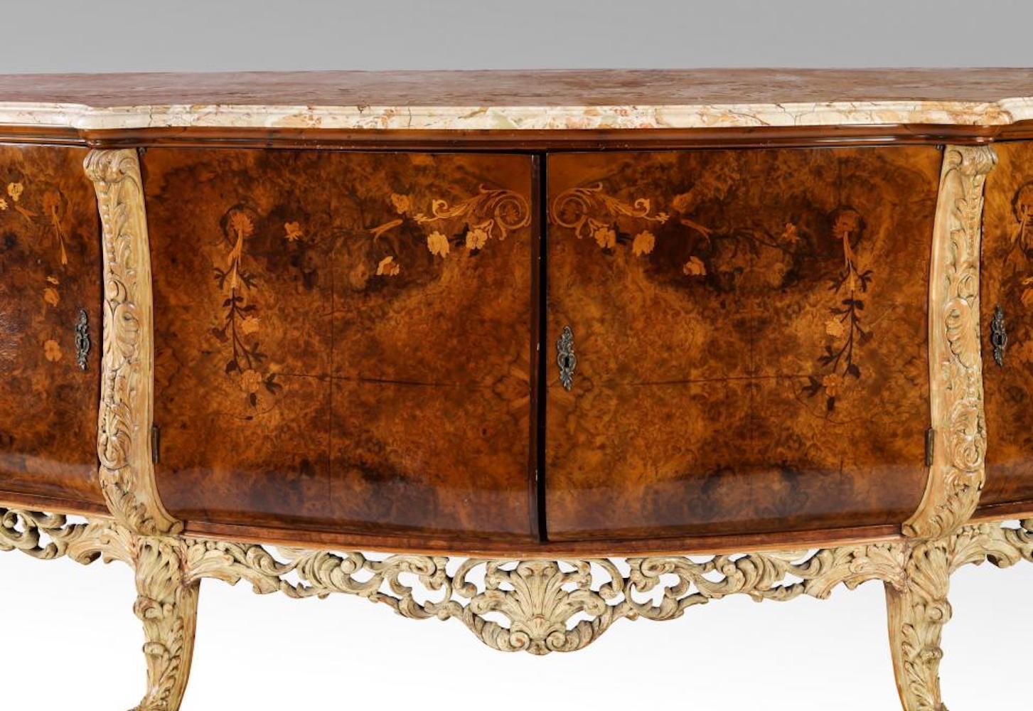 Set of 2 Italian Burl and Marquetry Inlaid Marble-Top Buffet For Sale 6