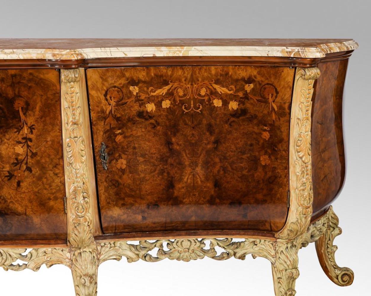 Set of 2 Italian Burl and Marquetry Inlaid Marble-Top Buffet For Sale 8