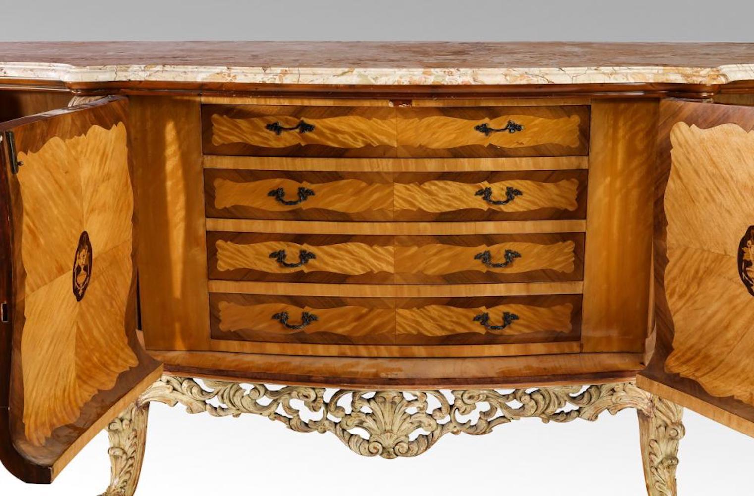 Set of 2 Italian Burl and Marquetry Inlaid Marble-Top Buffet For Sale 9