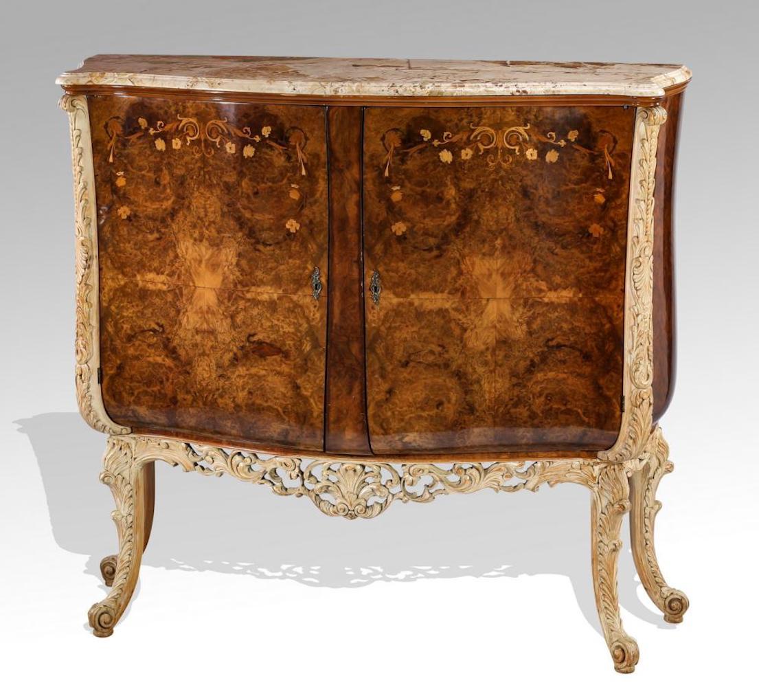 Set of 2 Italian burl and marquetry inlaid marble-top buffet. Italian Louis XV inspired marble and burl walnut marquetry inlaid sideboard, each having a shaped marble top over a conforming bombe case ornamented with burl wood and floral marquetry,