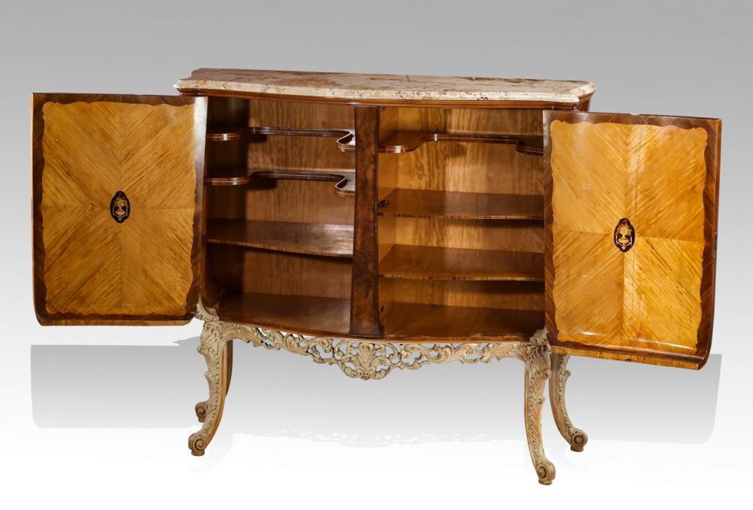Set of 2 Italian Burl and Marquetry Inlaid Marble-Top Buffet In Excellent Condition For Sale In Washington Crossing, PA
