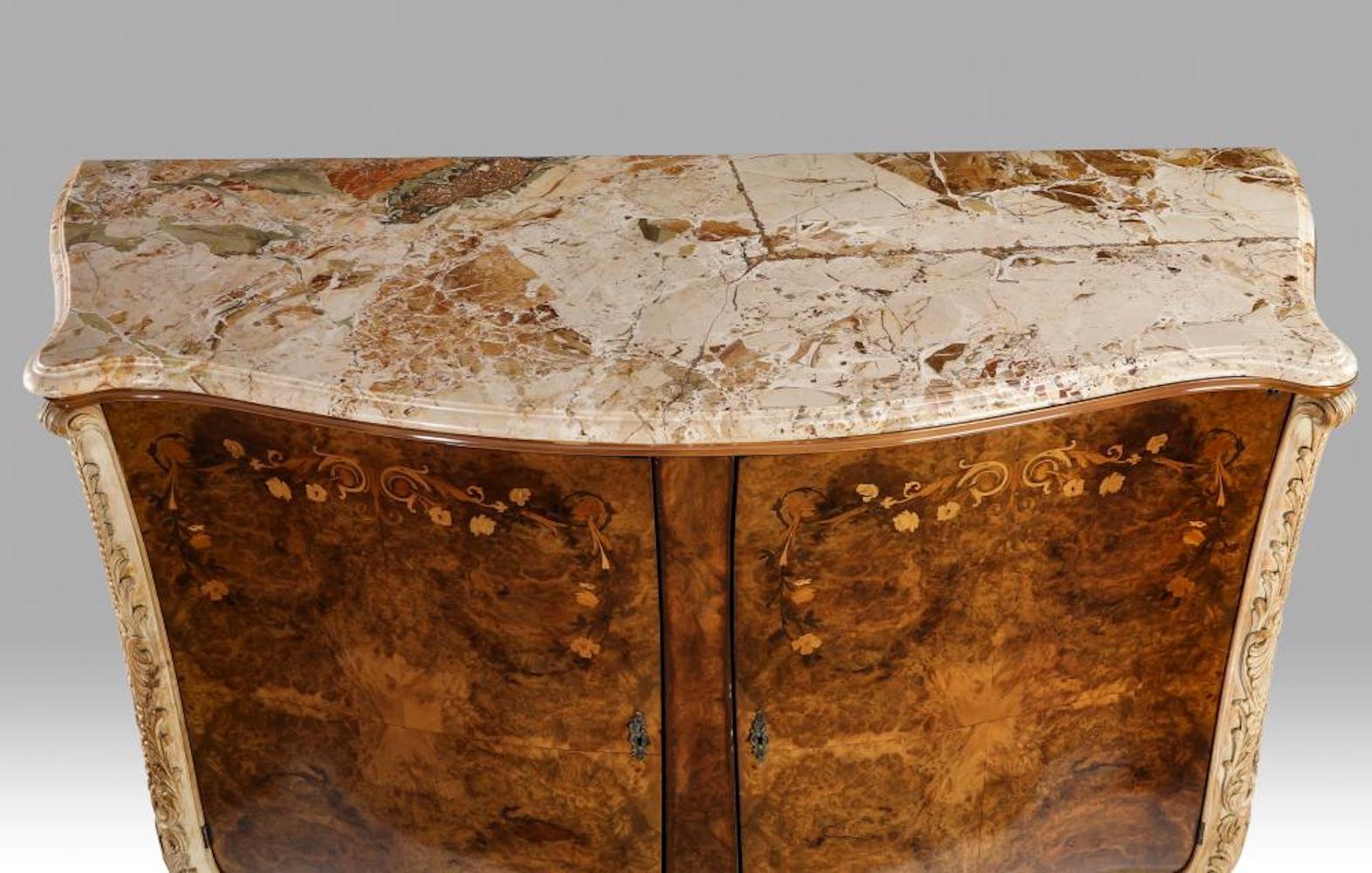Set of 2 Italian Burl and Marquetry Inlaid Marble-Top Buffet For Sale 3