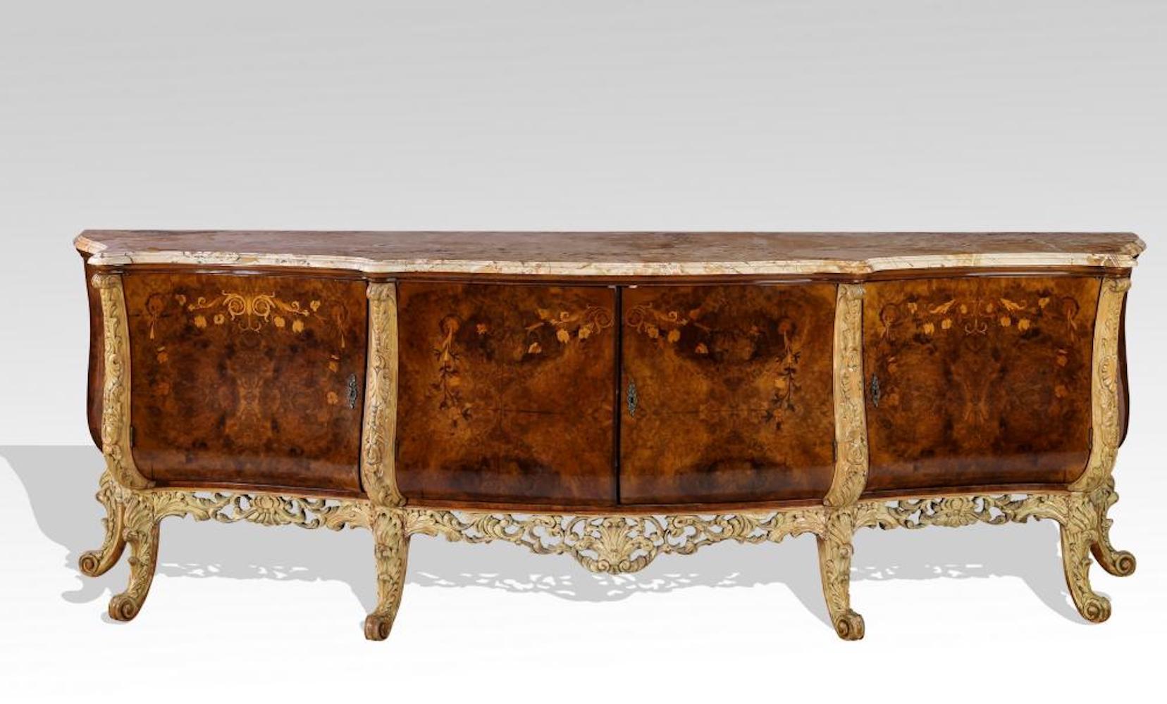 Set of 2 Italian Burl and Marquetry Inlaid Marble-Top Buffet For Sale 4