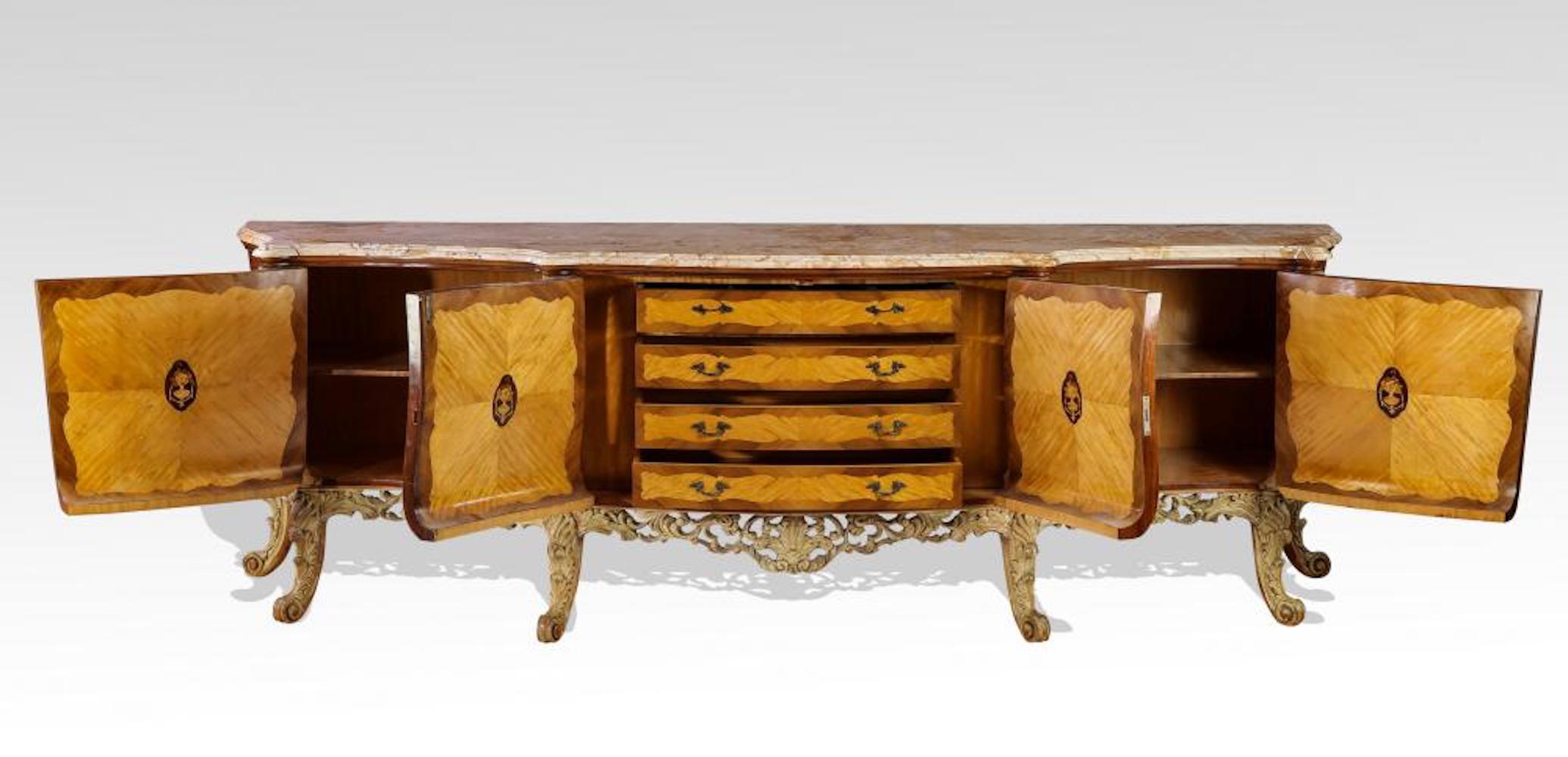 Set of 2 Italian Burl and Marquetry Inlaid Marble-Top Buffet For Sale 5