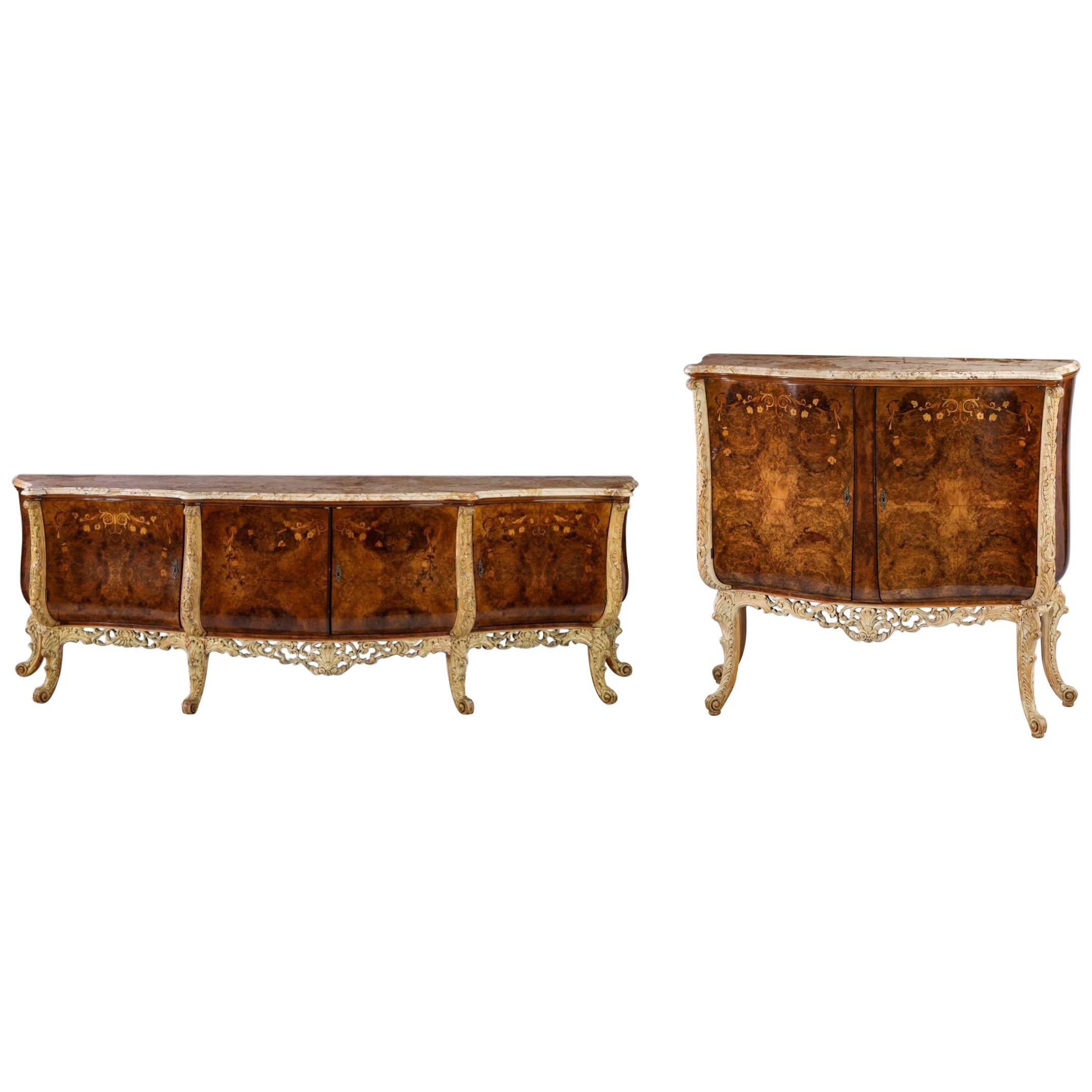 Set of 2 Italian Burl and Marquetry Inlaid Marble-Top Buffet For Sale