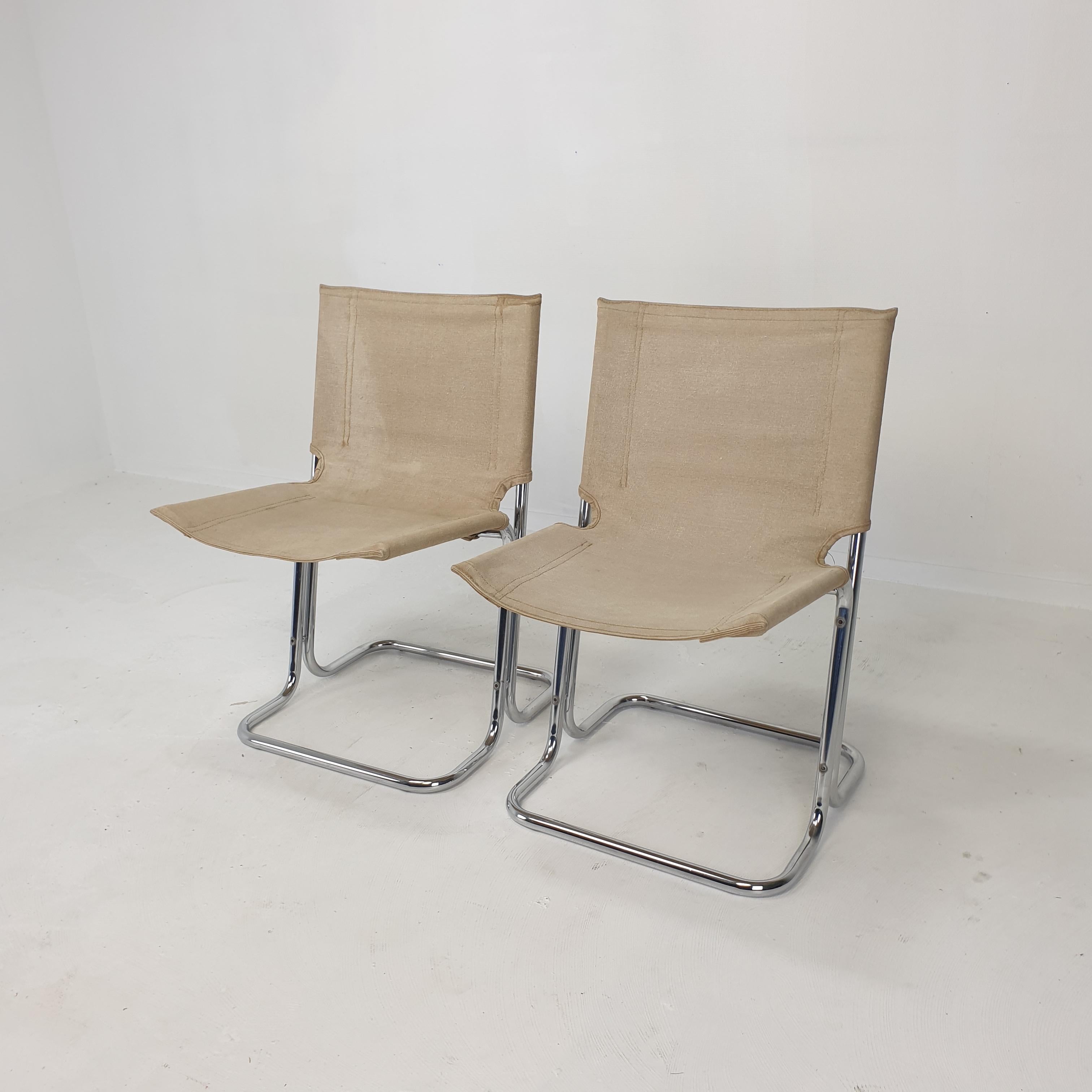 Mid-Century Modern Set of 2 Italian Canvas and Chromed Metal Chairs, 1970's For Sale